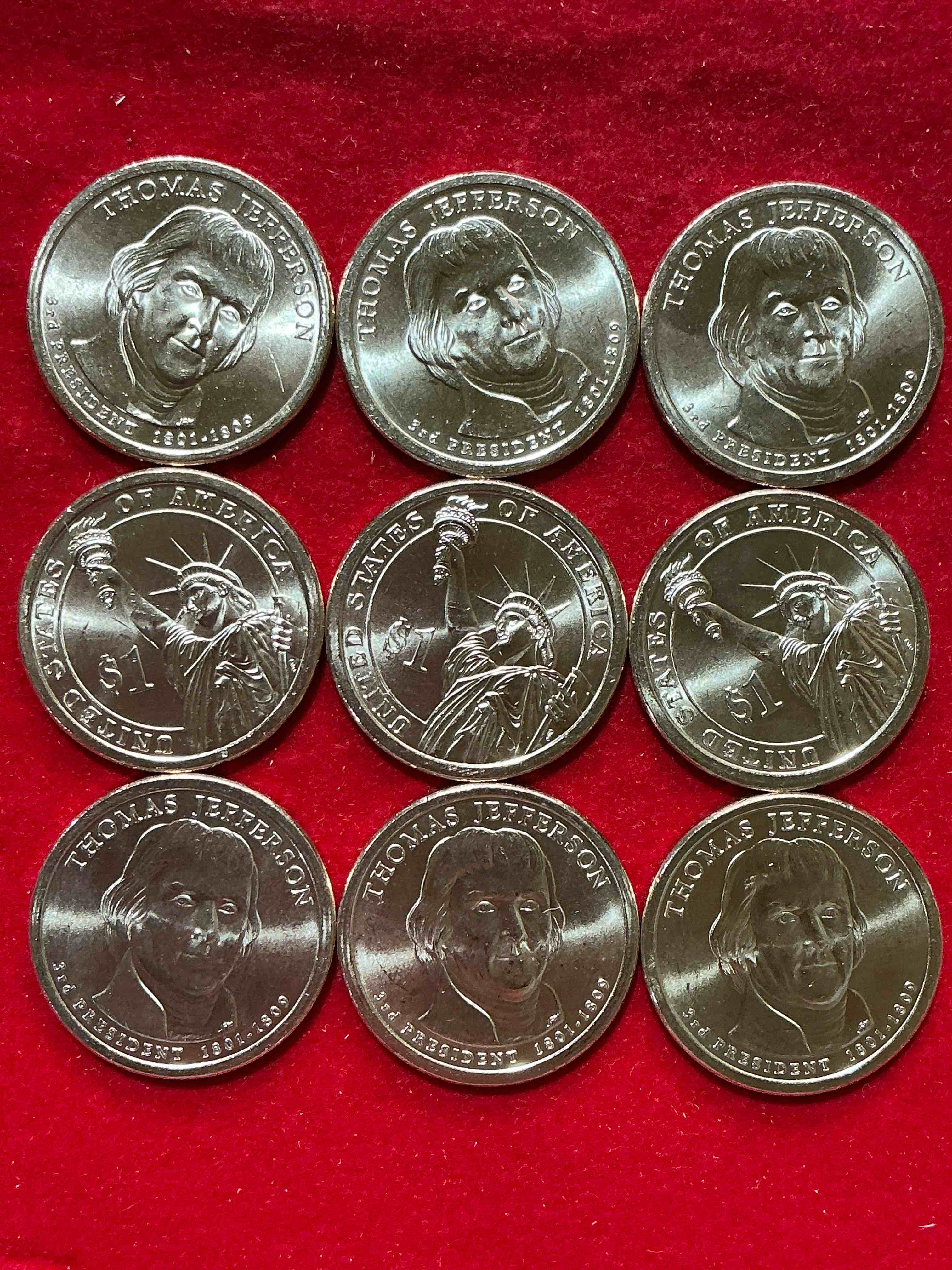 Condition photo showing New/Like New for thomas jefferson 2007 one dollar coins! uncirculated coin! these coins are in mint condition, and some of the most collectible coins out there! rare, uncirculated, one dollar coins featuring thomas jefferson!
