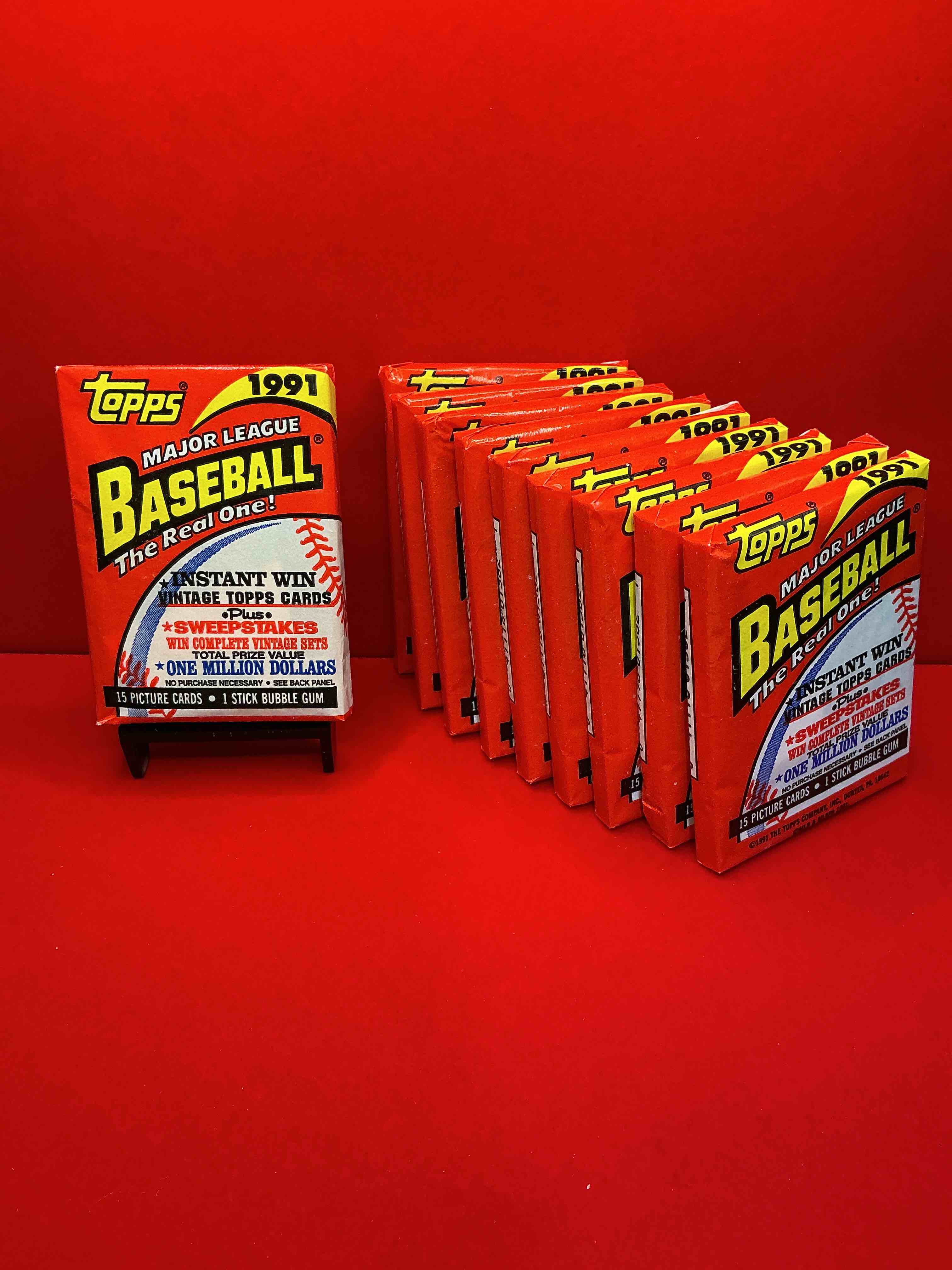 1991 baseball history! in 1991 topps developed & premium line of baseball cards to compete with upper deck... & here they are! 1991 topps baseball stadium club unopened wax pack, direct from original retail casel search for impressive cards such as ken griffey jr. #270 (psa 10 value $250), frank thomas #57 (psa 10 value $200) & nolan ryan #200 (psa 10 value $150.00). own a piece of sports card memorabilia history!