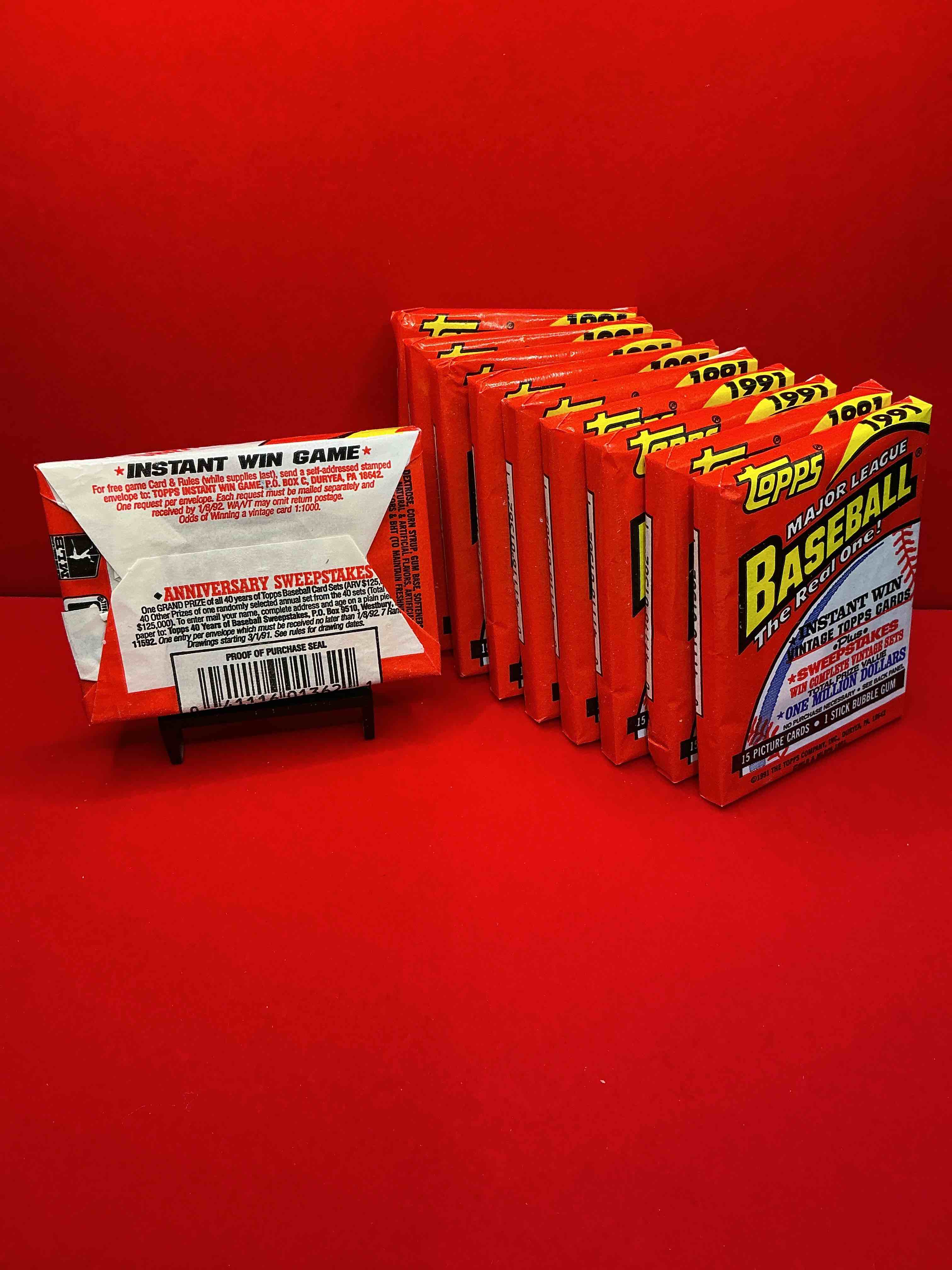 Condition photo showing New/Like New for 1991 baseball history! in 1991 topps developed & premium line of baseball cards to compete with upper deck... & here they are! 1991 topps baseball stadium club unopened wax pack, direct from original retail casel search for impressive cards such as ken griffey jr. #270 (psa 10 value $250), frank thomas #57 (psa 10 value $200) & nolan ryan #200 (psa 10 value $150.00). own a piece of sports card memorabilia history!