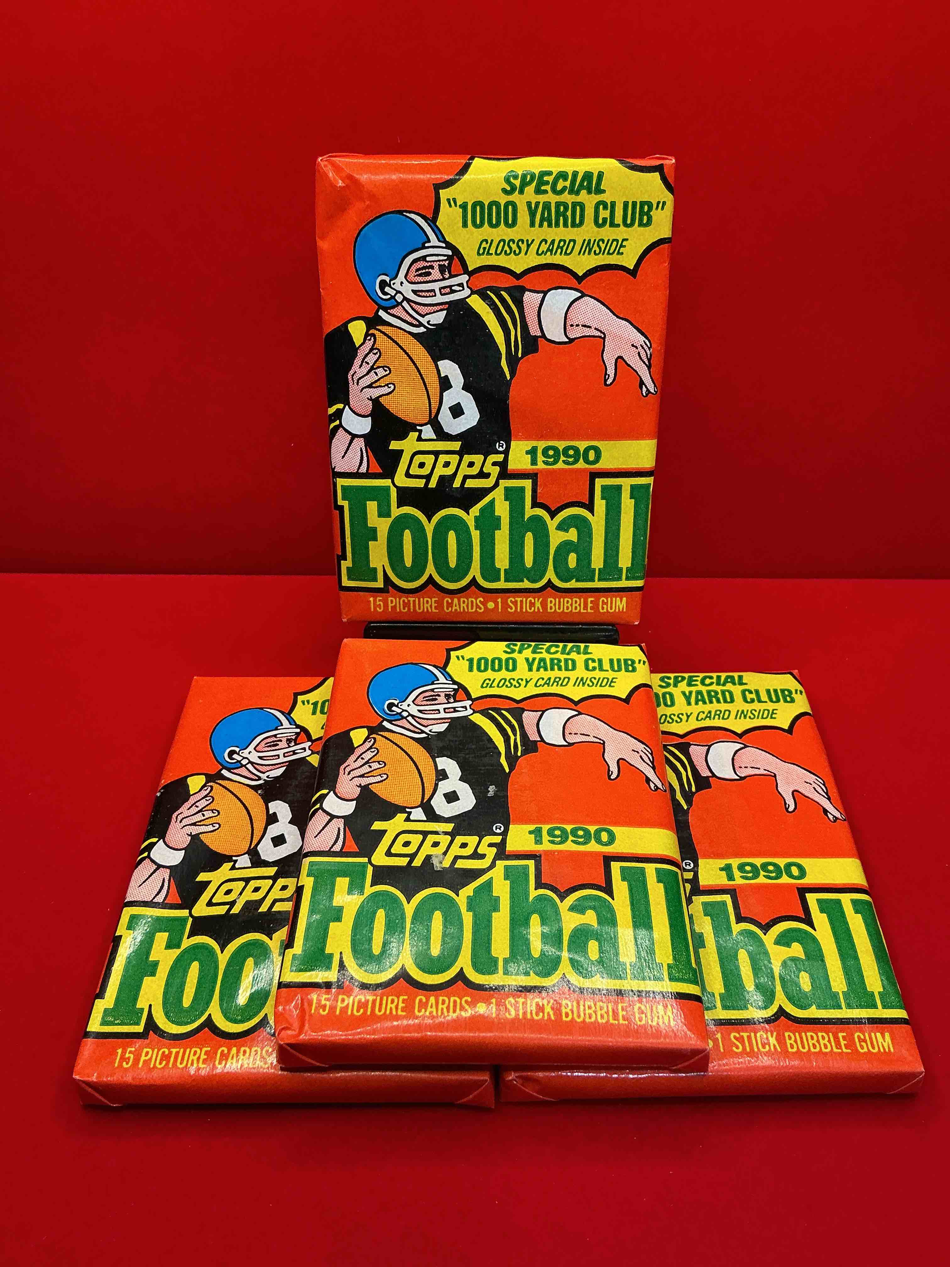 the last year of football wax! joe montana, emmitt smith & barry sanders!? 1990 topps football unopened sports card wax pack, direct from original retail box! getting hard to find! search for early barry sanders & jerry rice & so much more!