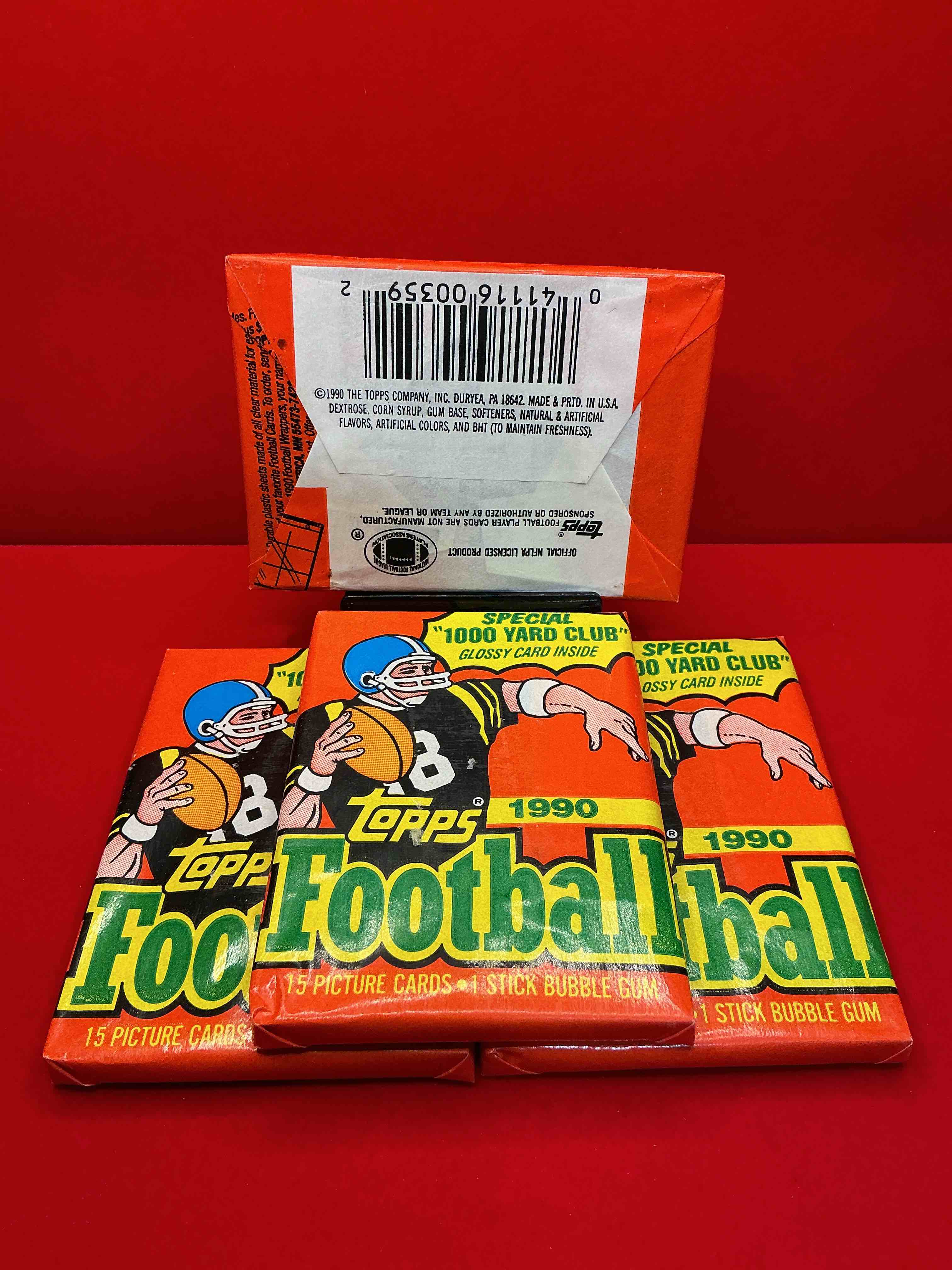 Condition photo showing New/Like New for the last year of football wax! joe montana, emmitt smith & barry sanders!? 1990 topps football unopened sports card wax pack, direct from original retail box! getting hard to find! search for early barry sanders & jerry rice & so much more!