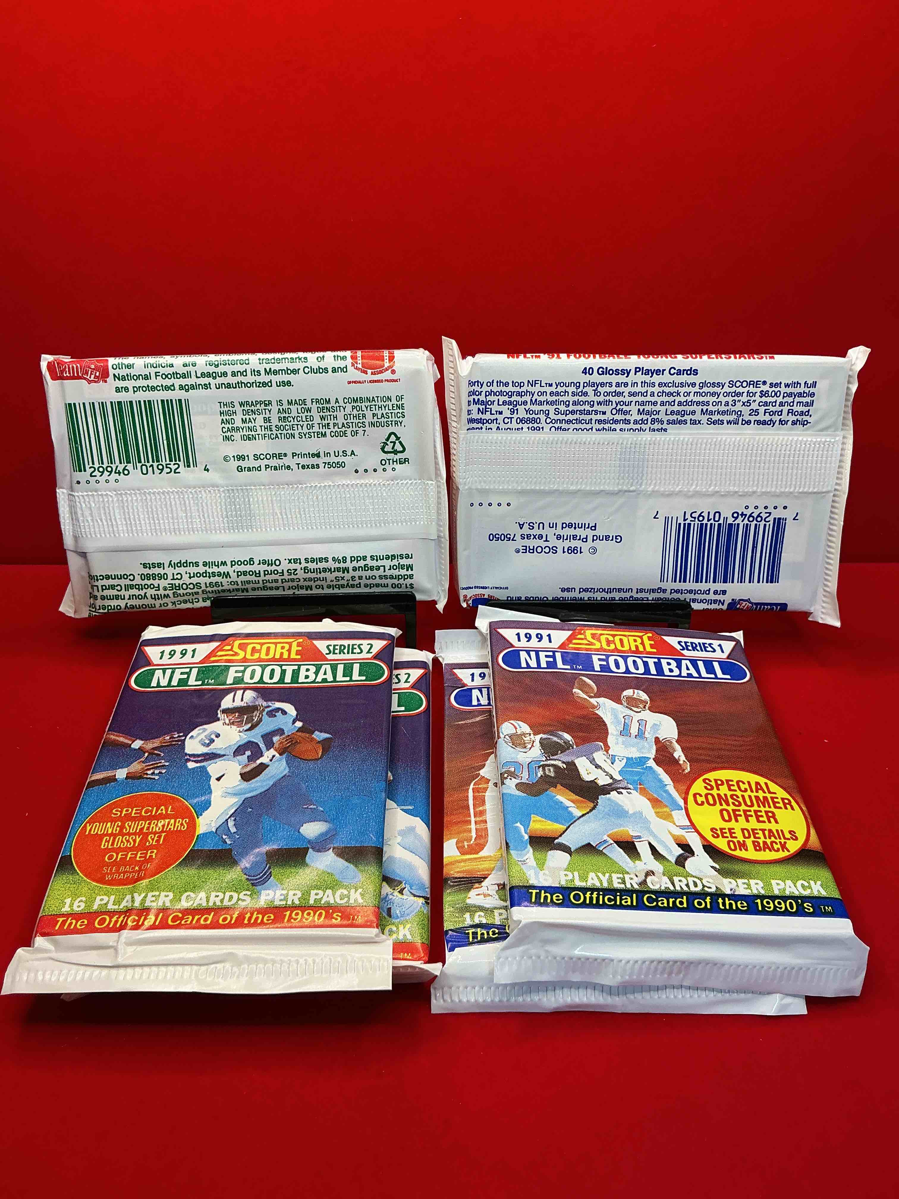 Condition photo showing New/Like New for 1991 nfl score football sealed card packs series i & ii direct from original retail case! these cards are sought after by collectors for their awesome, nostalgic look. search for brett favre rookie, early jerry rice, early emmit smith, joe montana & so much more!