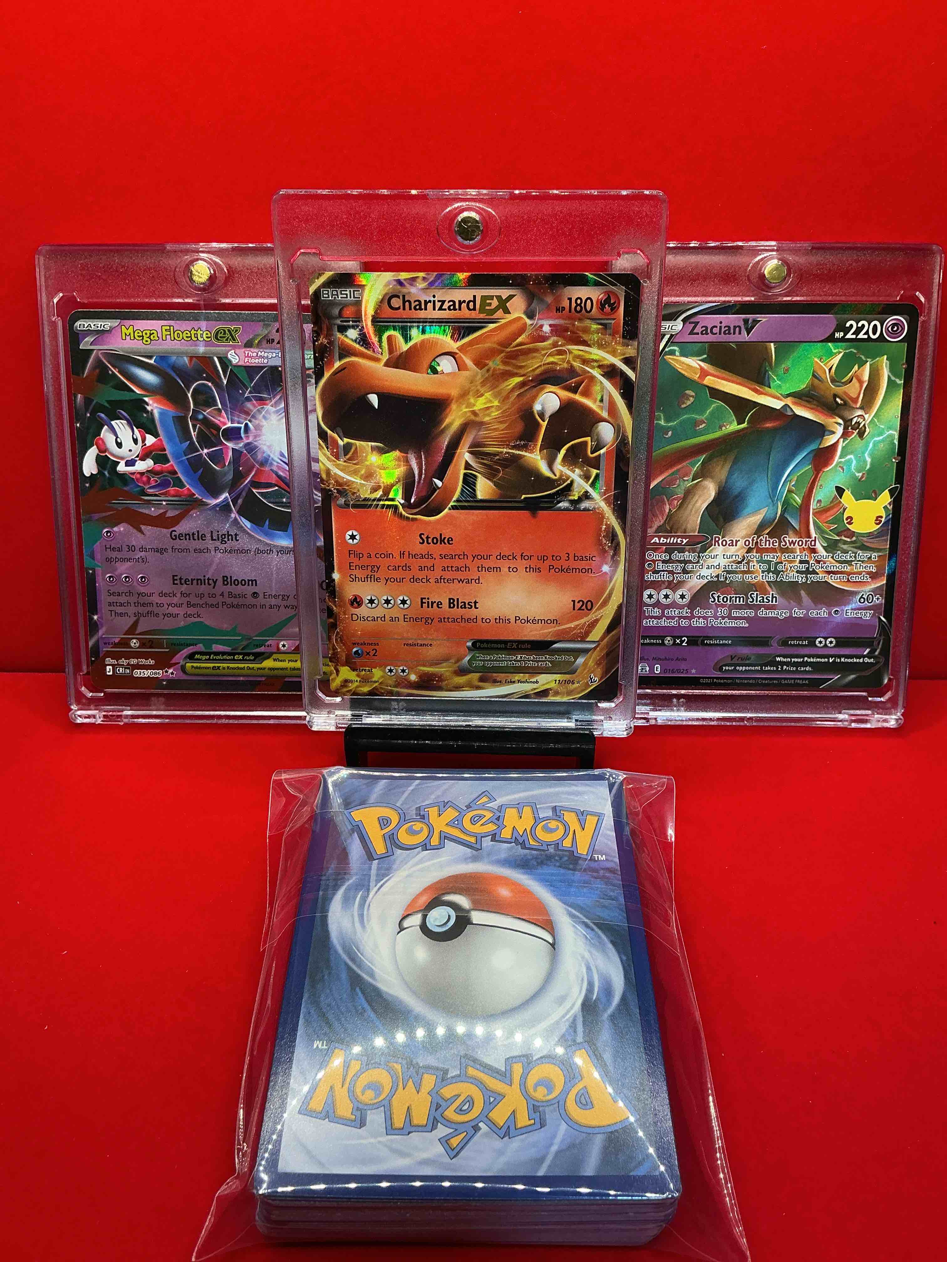 Condition photo showing New/Like New for pokémon! charizard ex! mega floette ex! zacian v! along with 50 other pokémon heroes, holos, legends & commons- including holographic cards, cool holos & more! includes non holo common/ uncommon basic & first stage cards & could even include trainers & energy too! perfect set for collectors & enthusiasts!