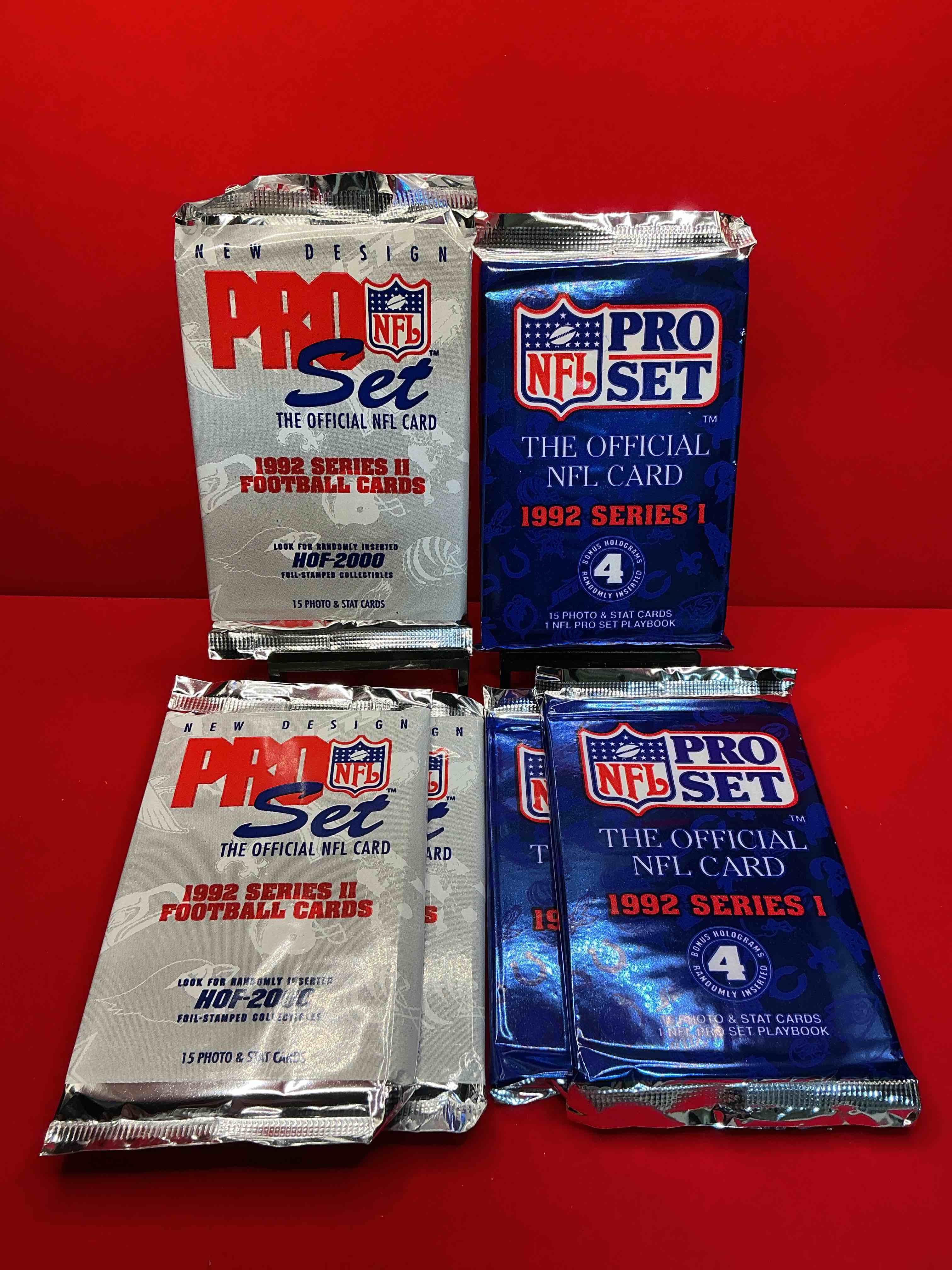 nfl pro set! wow! 1992 series i & ii football cards! possible rice, montana, elway, sanders, jackson & more! search for limited edition randomly inserted hof 2000 stamped collectibles!
