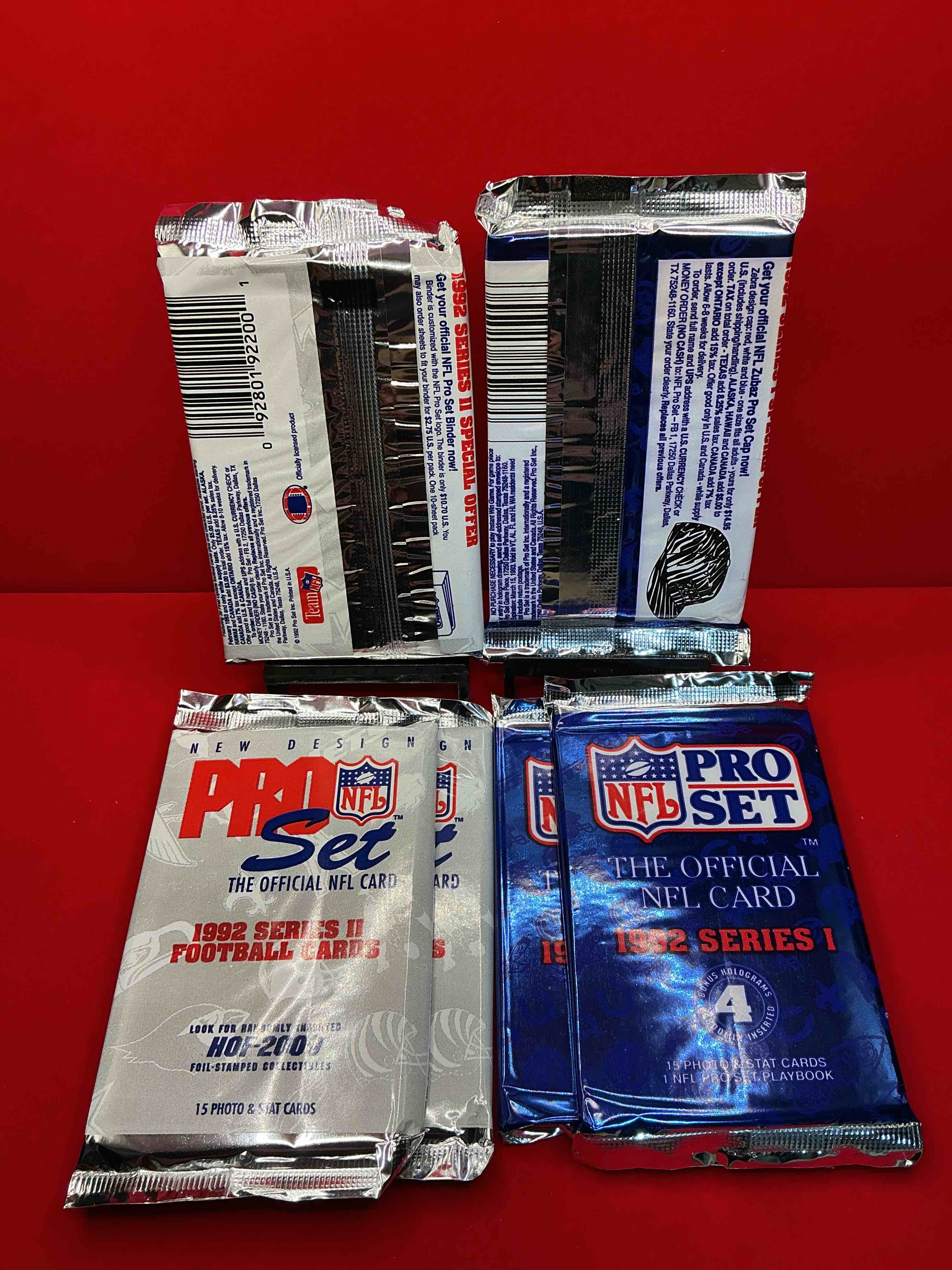 Condition photo showing New/Like New for nfl pro set! wow! 1992 series i & ii football cards! possible rice, montana, elway, sanders, jackson & more! search for limited edition randomly inserted hof 2000 stamped collectibles!