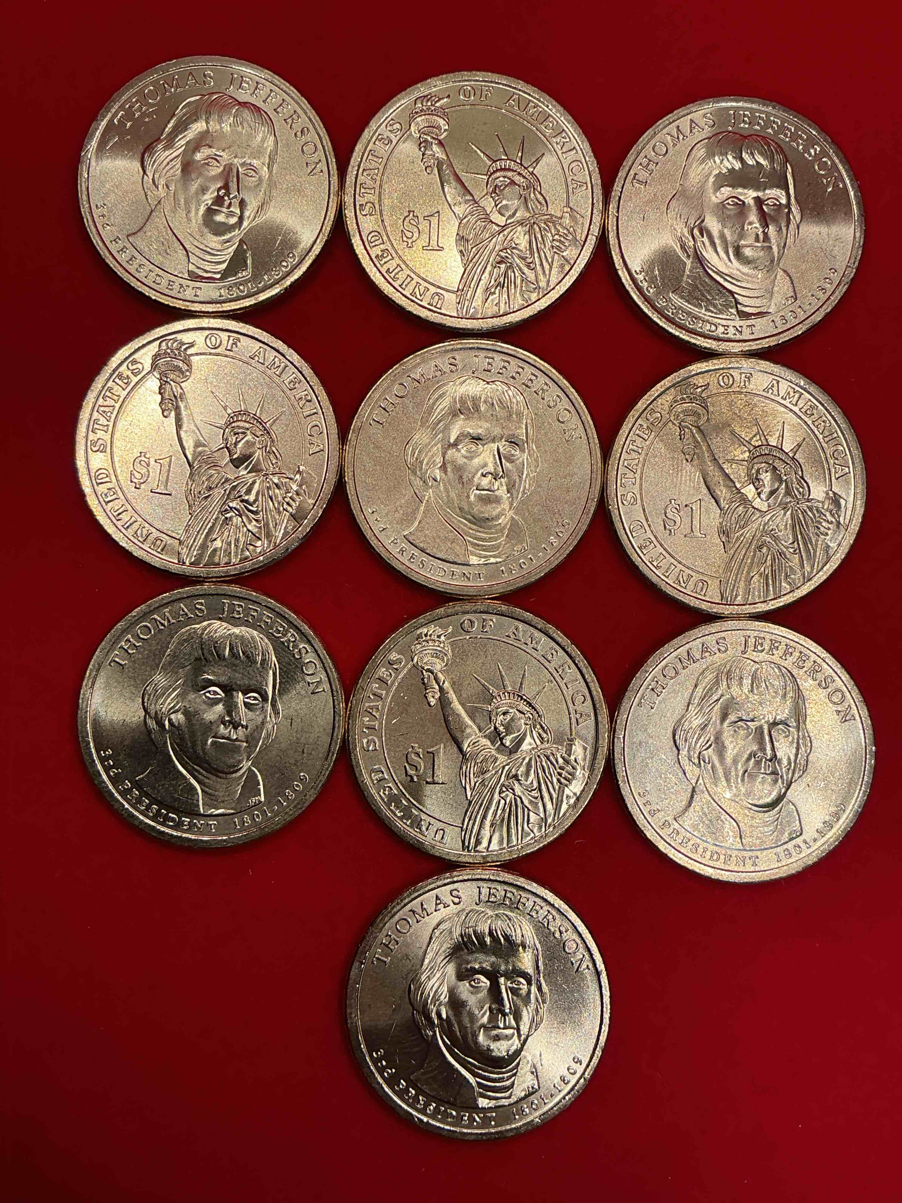 thomas jefferson 2007 one dollar coins! uncirculated coin! these coins are in mint condition, and some of the most collectible coins out there! rare, uncirculated, one dollar coins featuring thomas jefferson!