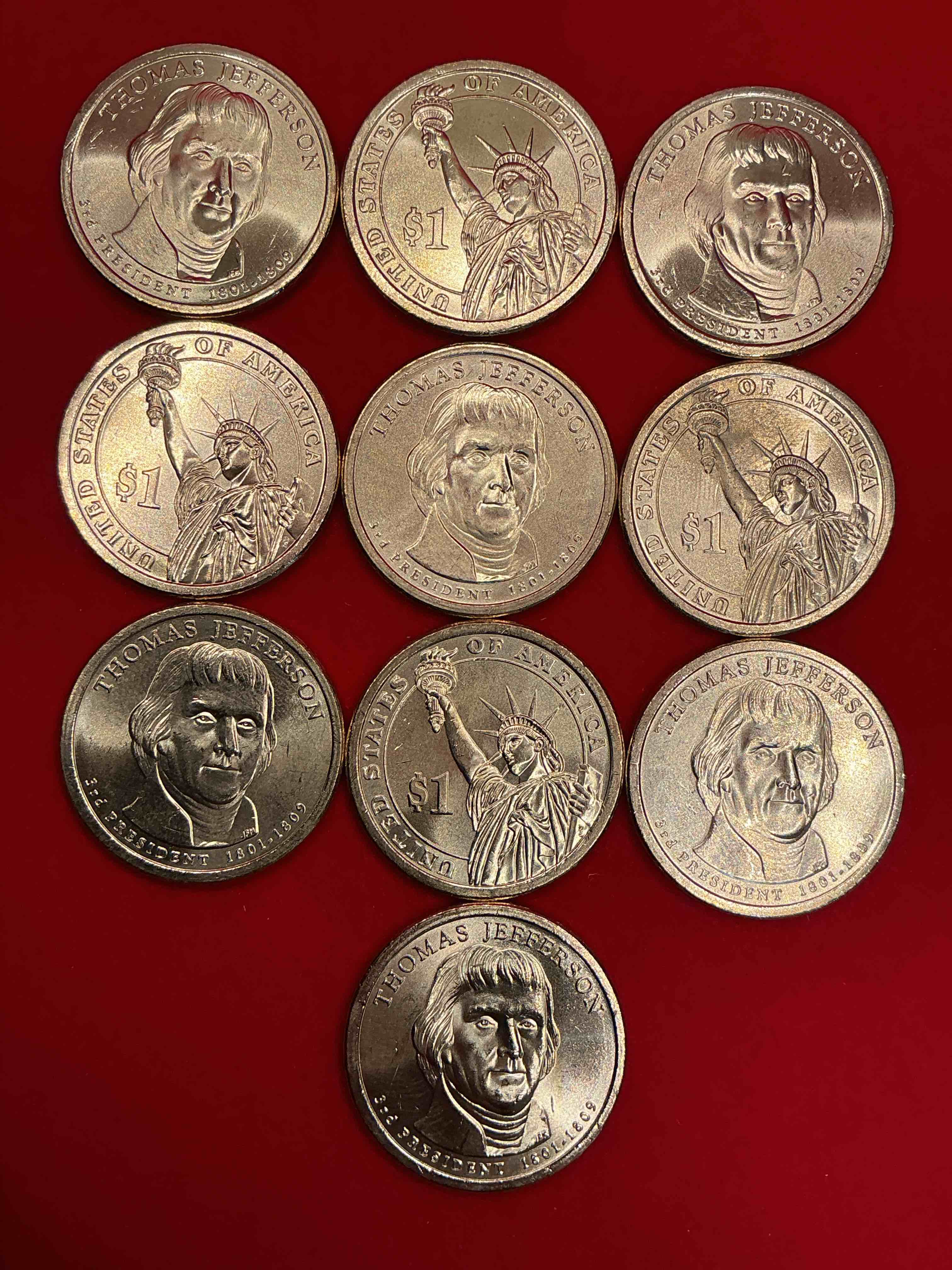 Condition photo showing New/Like New for thomas jefferson 2007 one dollar coins! uncirculated coin! these coins are in mint condition, and some of the most collectible coins out there! rare, uncirculated, one dollar coins featuring thomas jefferson!
