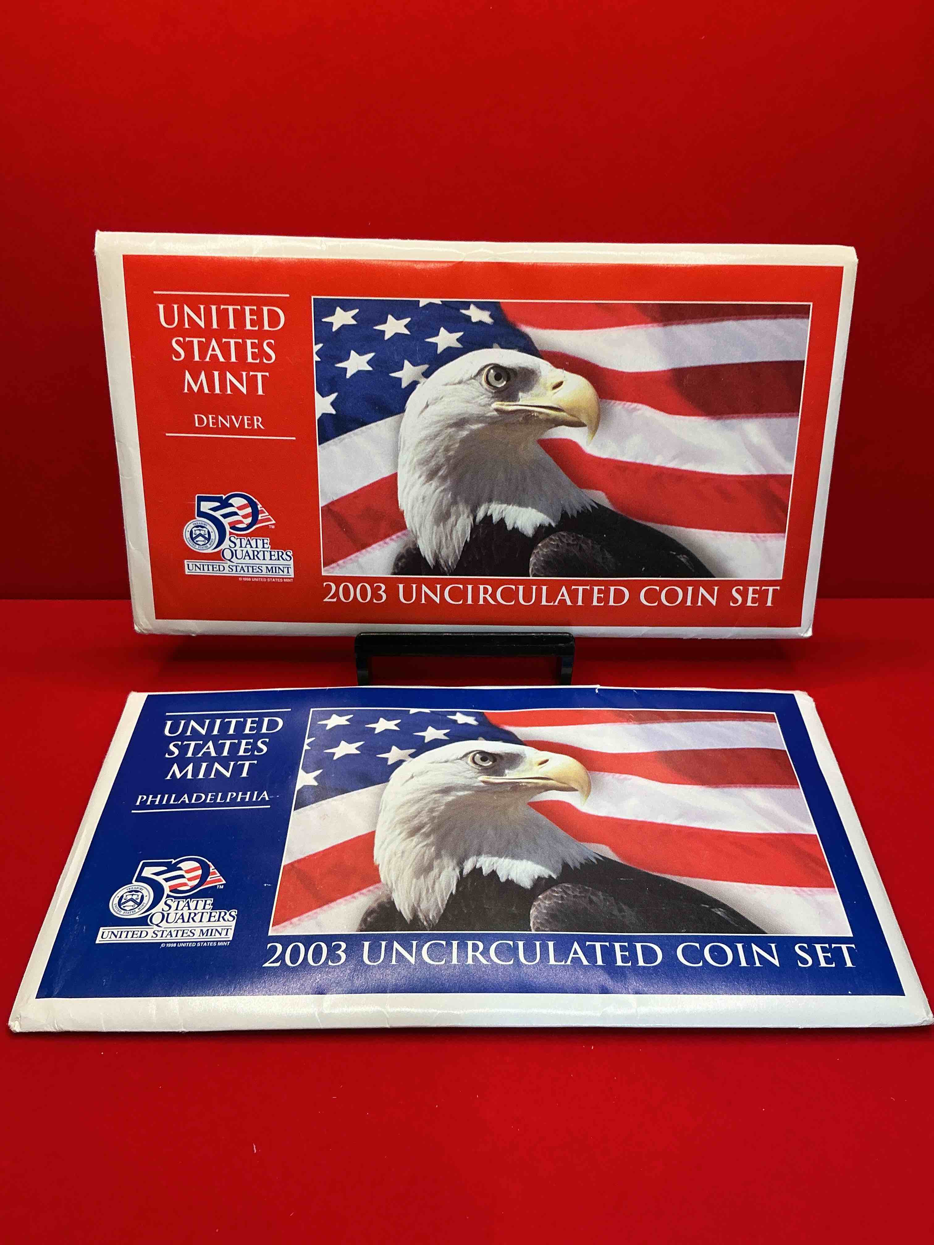 2003 uncirculated mint coins! 20 coins from philadelphia & denver! 20 coin uncirculated lot, with state quarters, nickels, half dollars, dimes, pennies & more! uncirculated coin craziness!