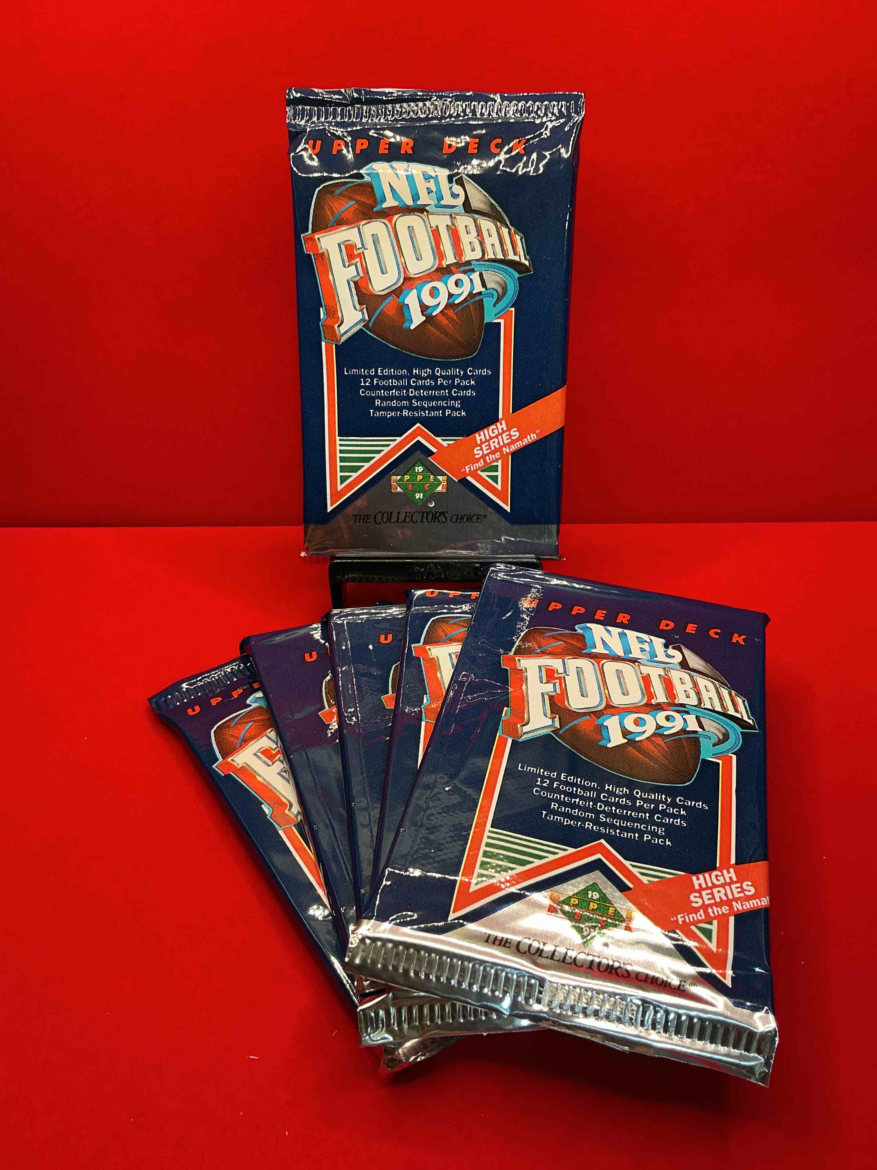 rare & vintage! 1991 upper deck high series edition unopened nfl football packs! find the namath! direct from original box! brett favre rookie year! search for brett favre rookie & other 80s stars!