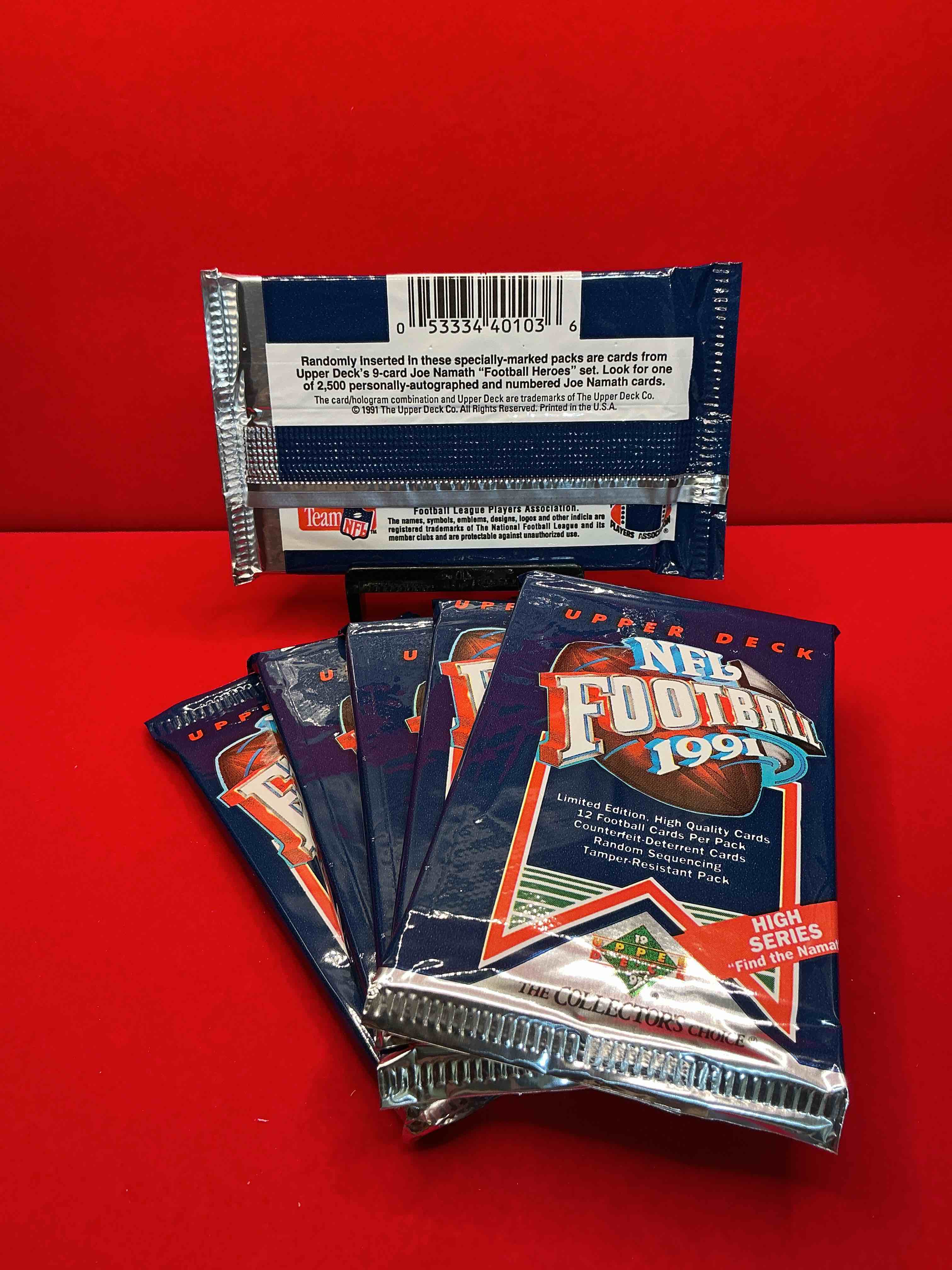 Condition photo showing New/Like New for rare & vintage! 1991 upper deck high series edition unopened nfl football packs! find the namath! direct from original box! brett favre rookie year! search for brett favre rookie & other 80s stars!