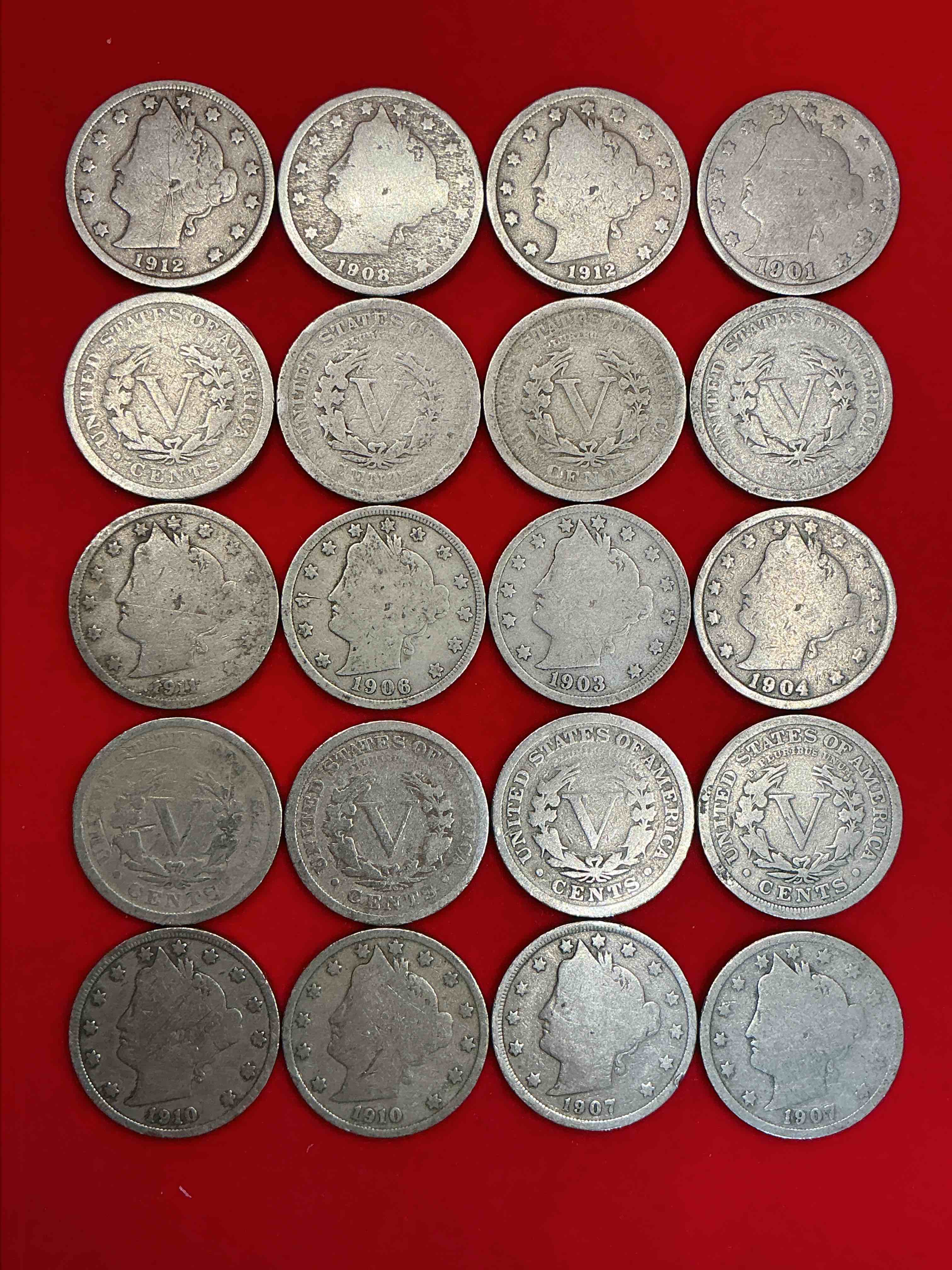 Condition photo showing Good Condition for antique u.s. v nickels! think of the history these coins have seen!, liberty head v nickels were minted up until 1913 & were the style of nickels before buffalo nickels. own some cool pieces of history! rare to see these coins with the "date on" in circulated condition!