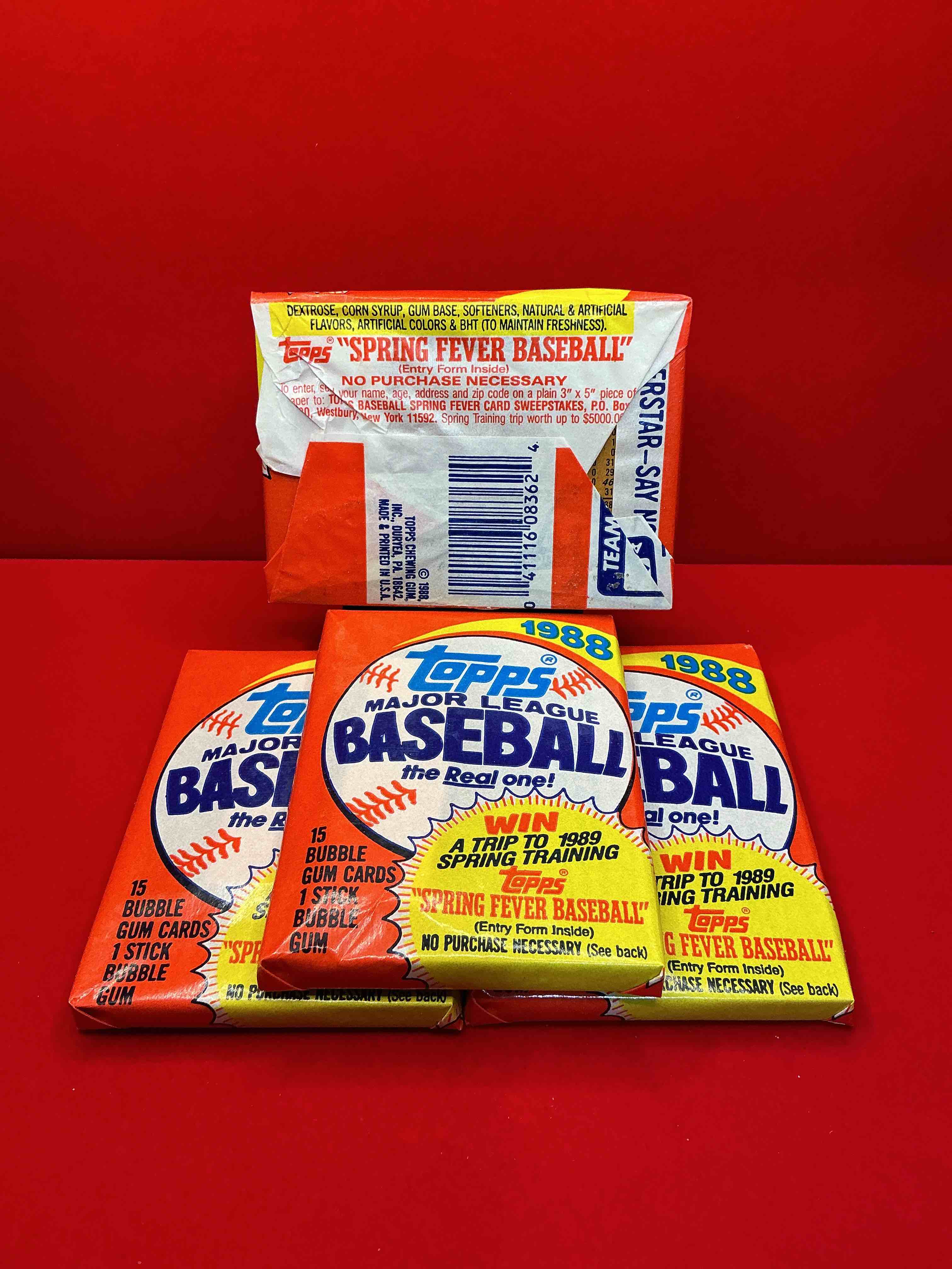 Condition photo showing New/Like New for 80's baseball fan's rejoice! 1988 topps baseball unopened wax packs full of collectible trading cards! search for valuable don mattingly "world of baseball" & nolan ryan cards worth hundreds in perfect condition!