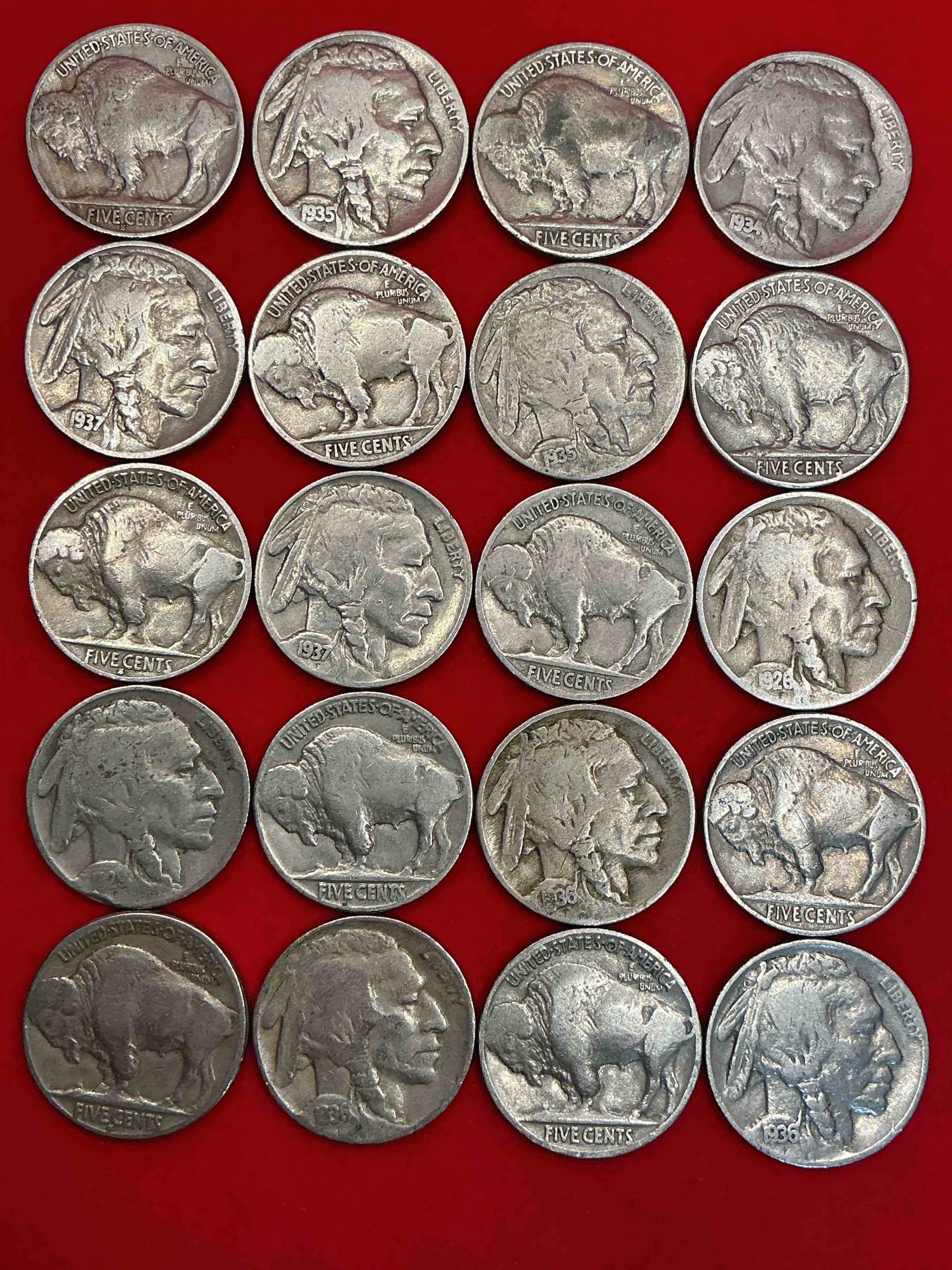 Condition photo showing Good Condition for historic buffalo nickels! indian head buffalo nickels were minted from 1913 to 1938 & have become a favorite for coin collectors around the world! own pieces of american history with these cool indian head buffalo nickels in circulated condition, some with visible dates is very rare for buffalo nickels!