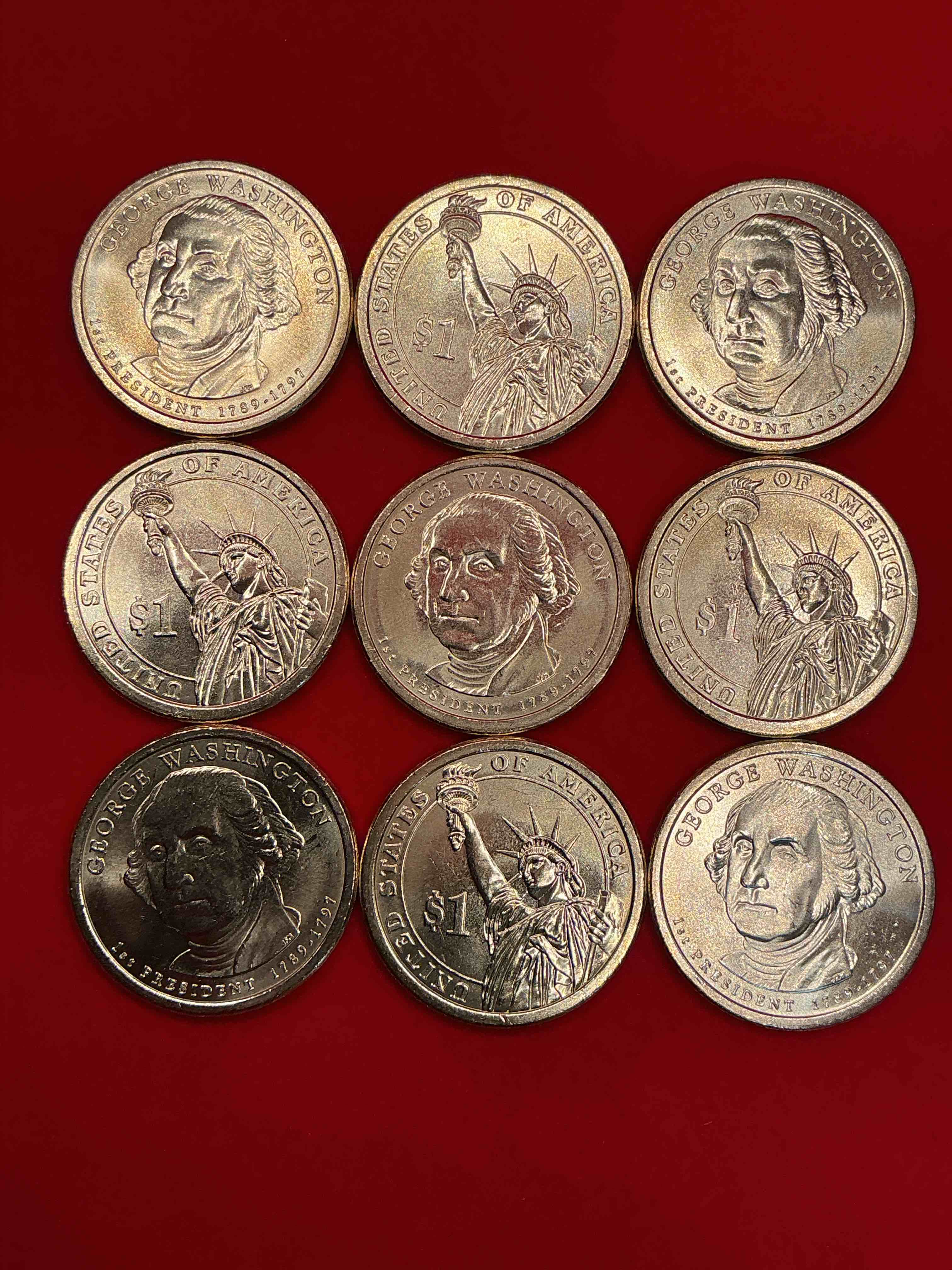 george washington one dollar coins! brilliant uncirculated coin! these coins are in mint condition, and some of the most collectible coins out there! rare, uncirculated, one dollar coins featuring george washington!