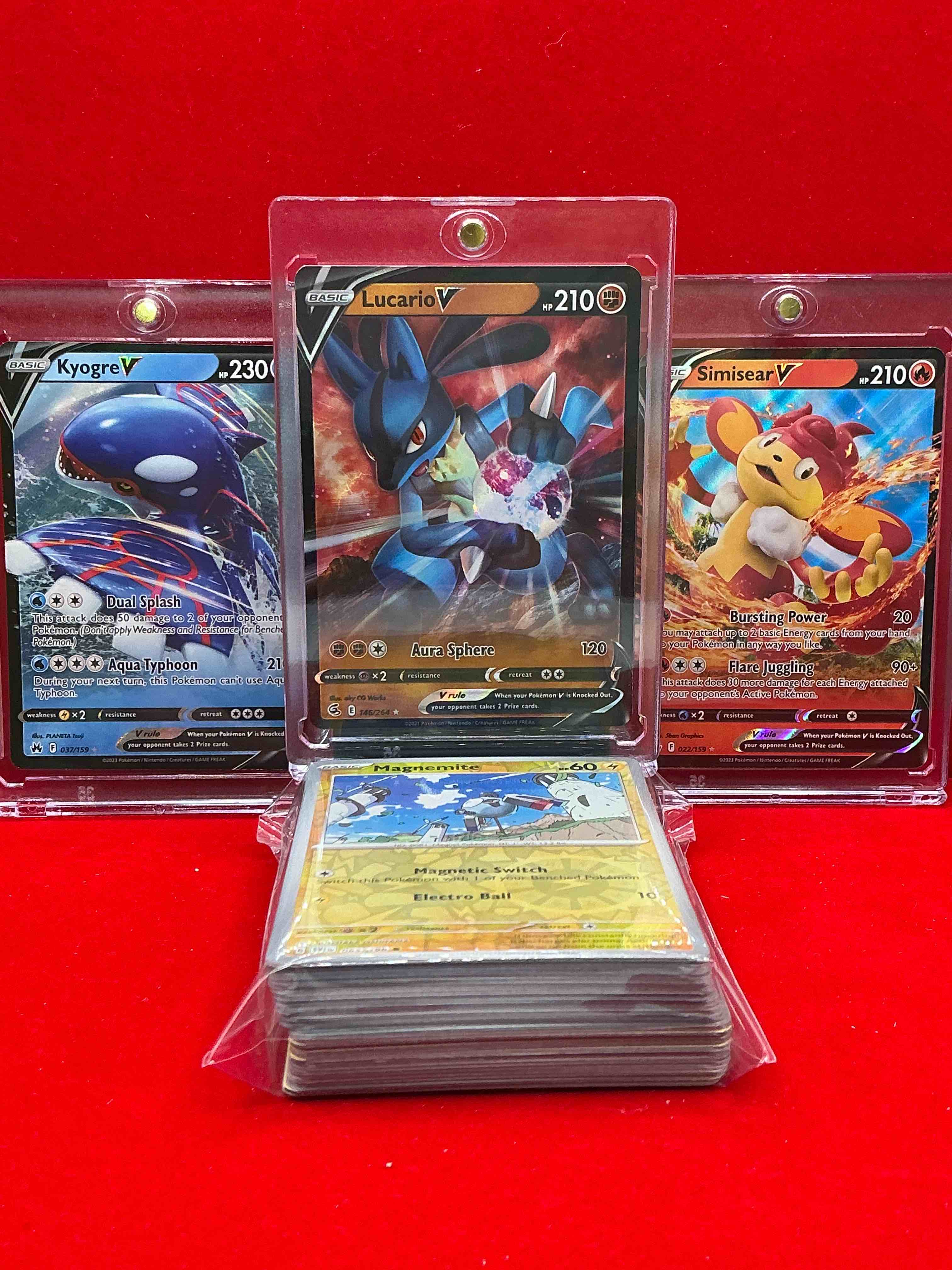 Condition photo showing New/Like New for lucario v, simisear v, kyorge v & more! along with 50 other pokémon heroes, holos, legends & commons- including holographic cards, cool holos & more! includes non holo common/ uncommon basic & first stage cards & could even include trainers & energy too! perfect set for collectors & enthusiasts!