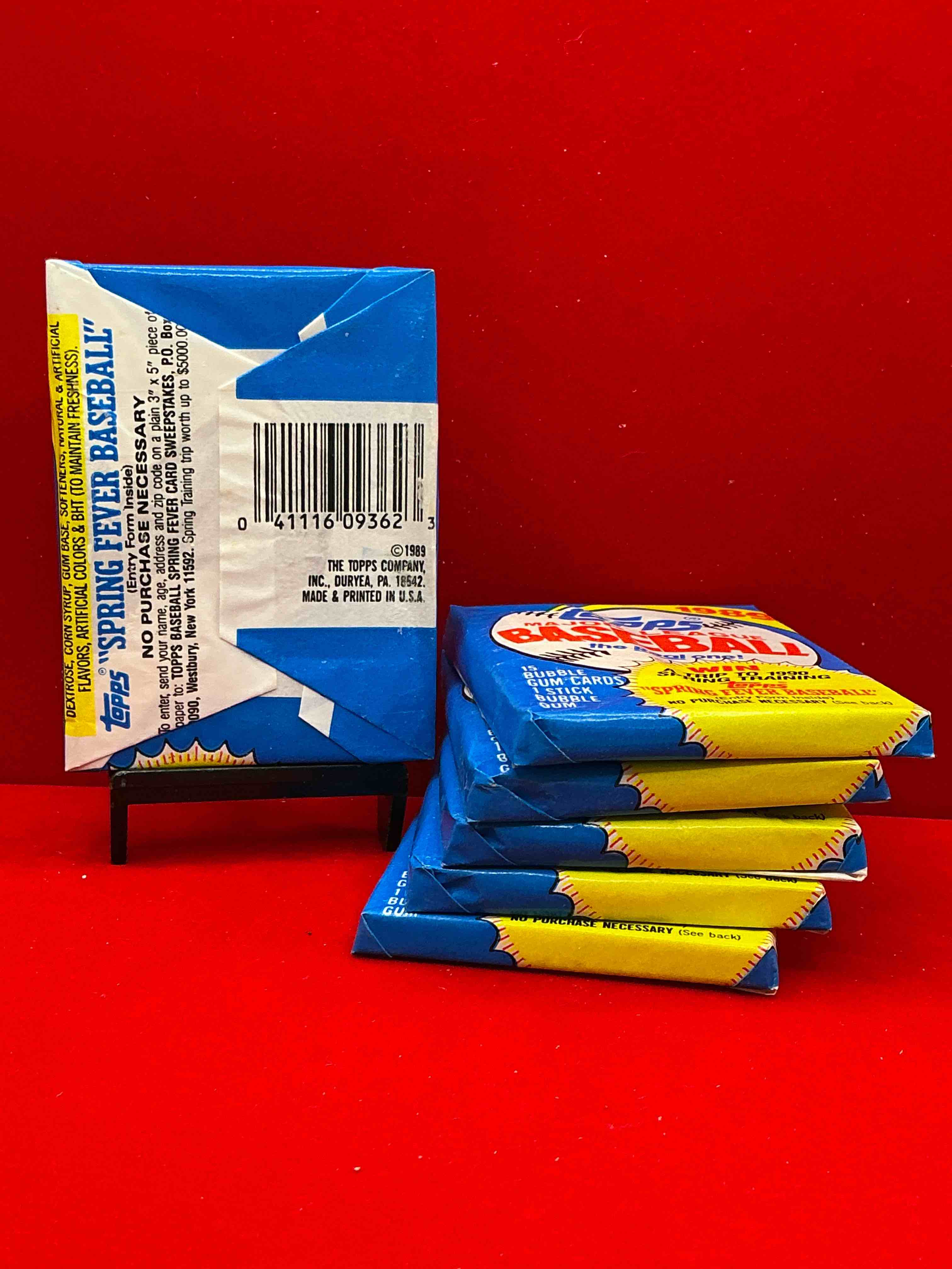 Condition photo showing New/Like New for john smoltz & randy johnson rookies!? 1989 topps baseball unopened sports card wax packs! direct from original retail case! search for valuable ken griffey jr. & randy johnson rookie cards as well as valuable bo jackson
