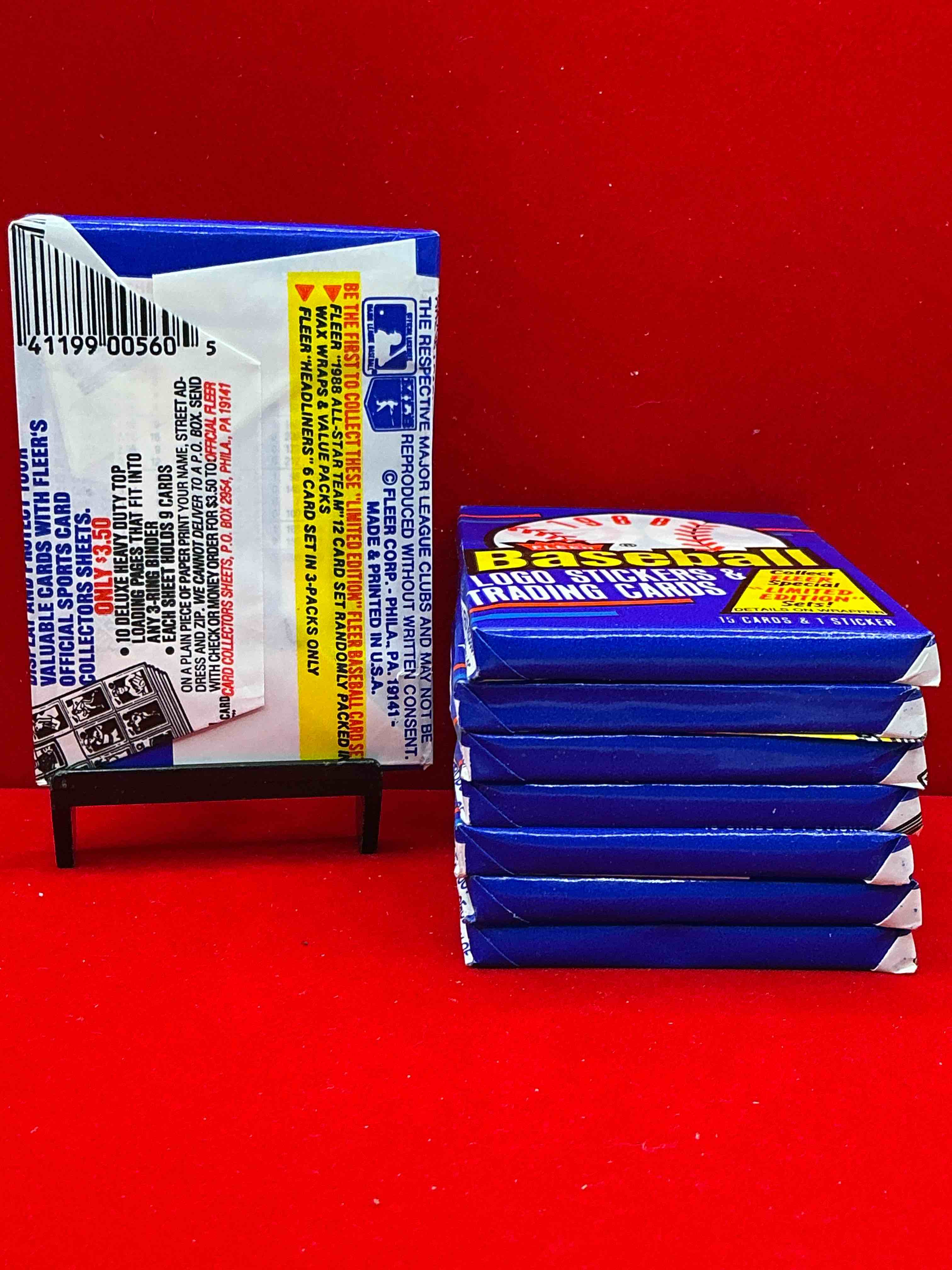 Condition photo showing New/Like New for 80's baseball fan's rejoice! 1988 fleer baseball unopened wax packs full of collectible trading cards! search for valuable don mattingly & nolan ryan cards worth hundreds in perfect condition!