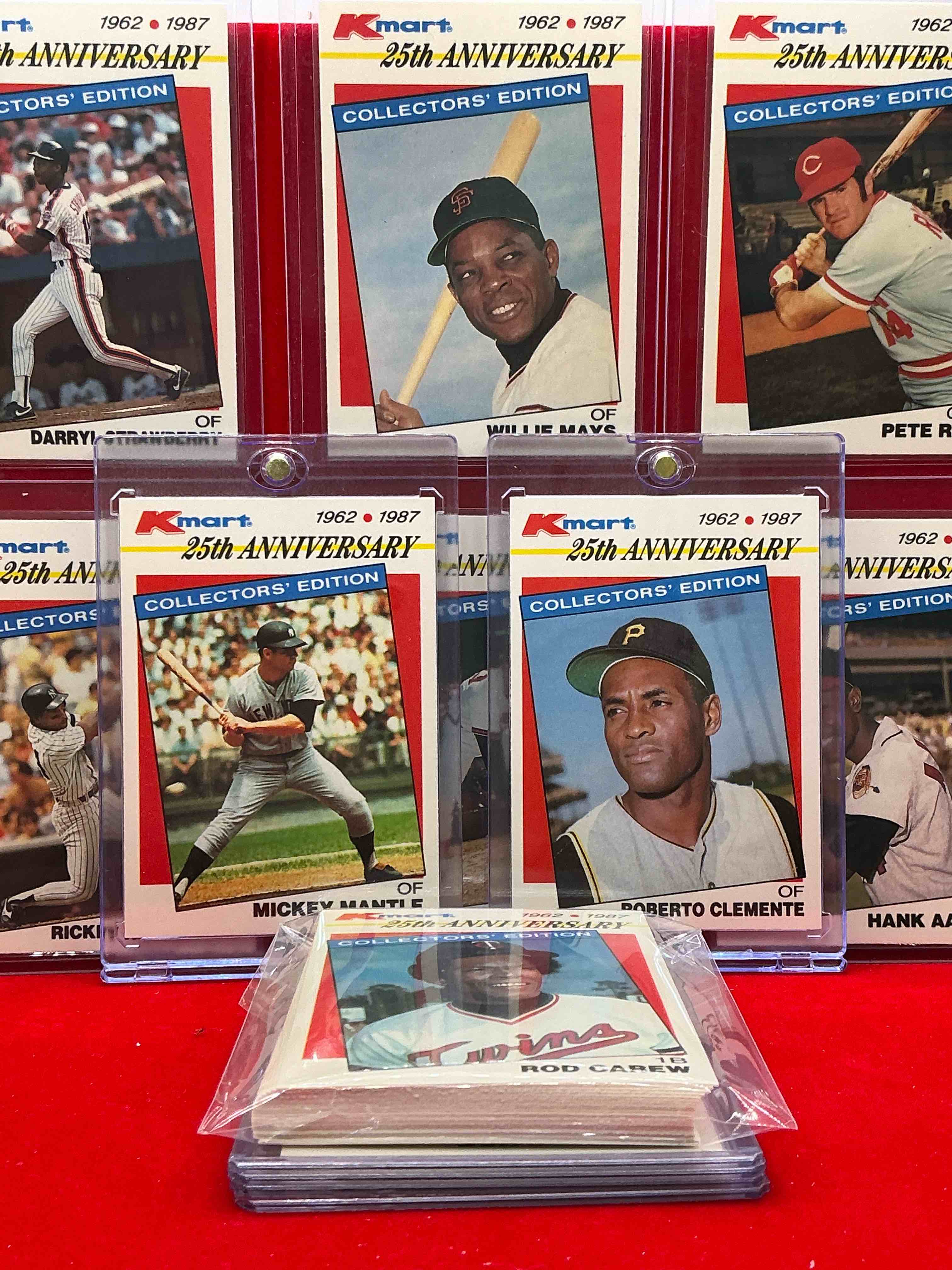 Condition photo showing New/Like New for topps kmart special 1962-1987 commemorative baseball cards! mickey mantle, roberto clemente, hank aaron, willie mays, pete rose & more! 33 card topps lot! wow! baseball legends!
