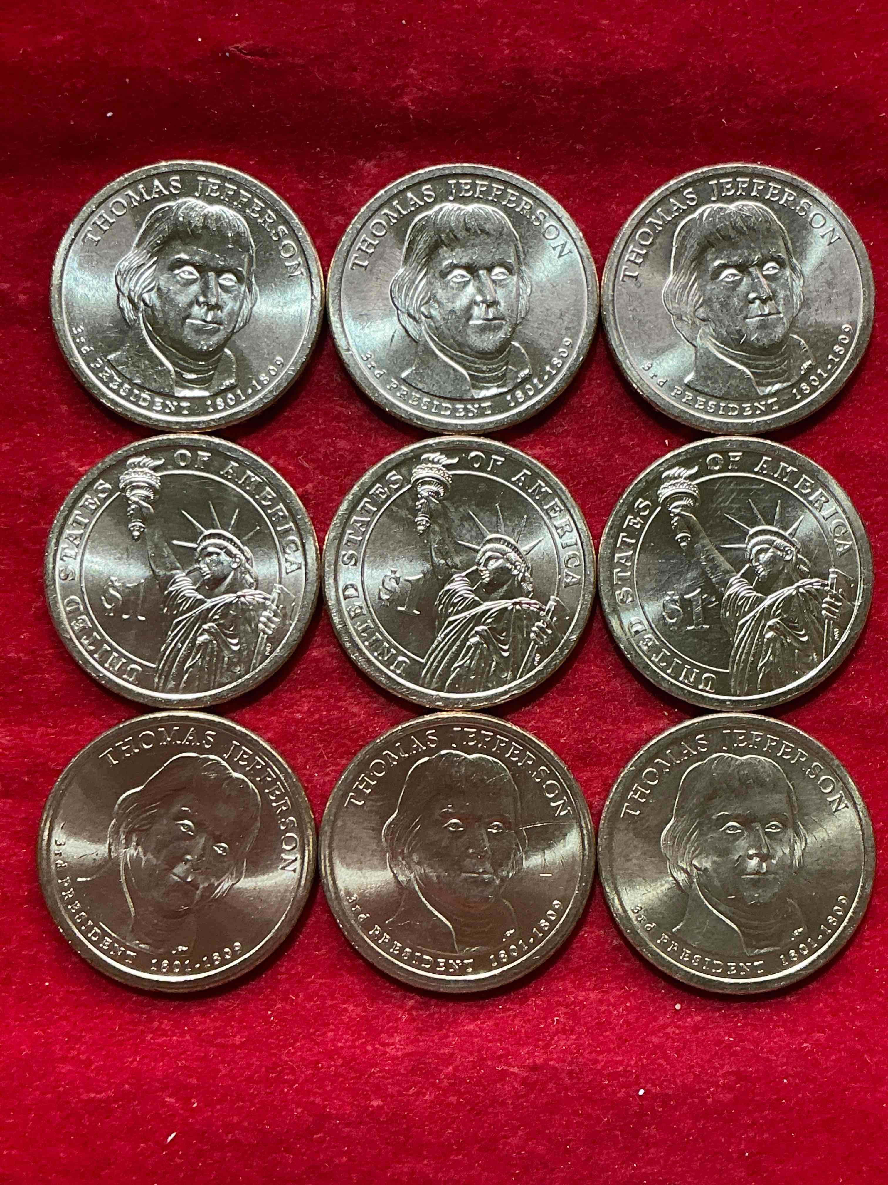 thomas jefferson 2007 one dollar coins! uncirculated coin! these coins are in mint condition, and some of the most collectible coins out there! rare, uncirculated, one dollar coins featuring thomas jefferson!