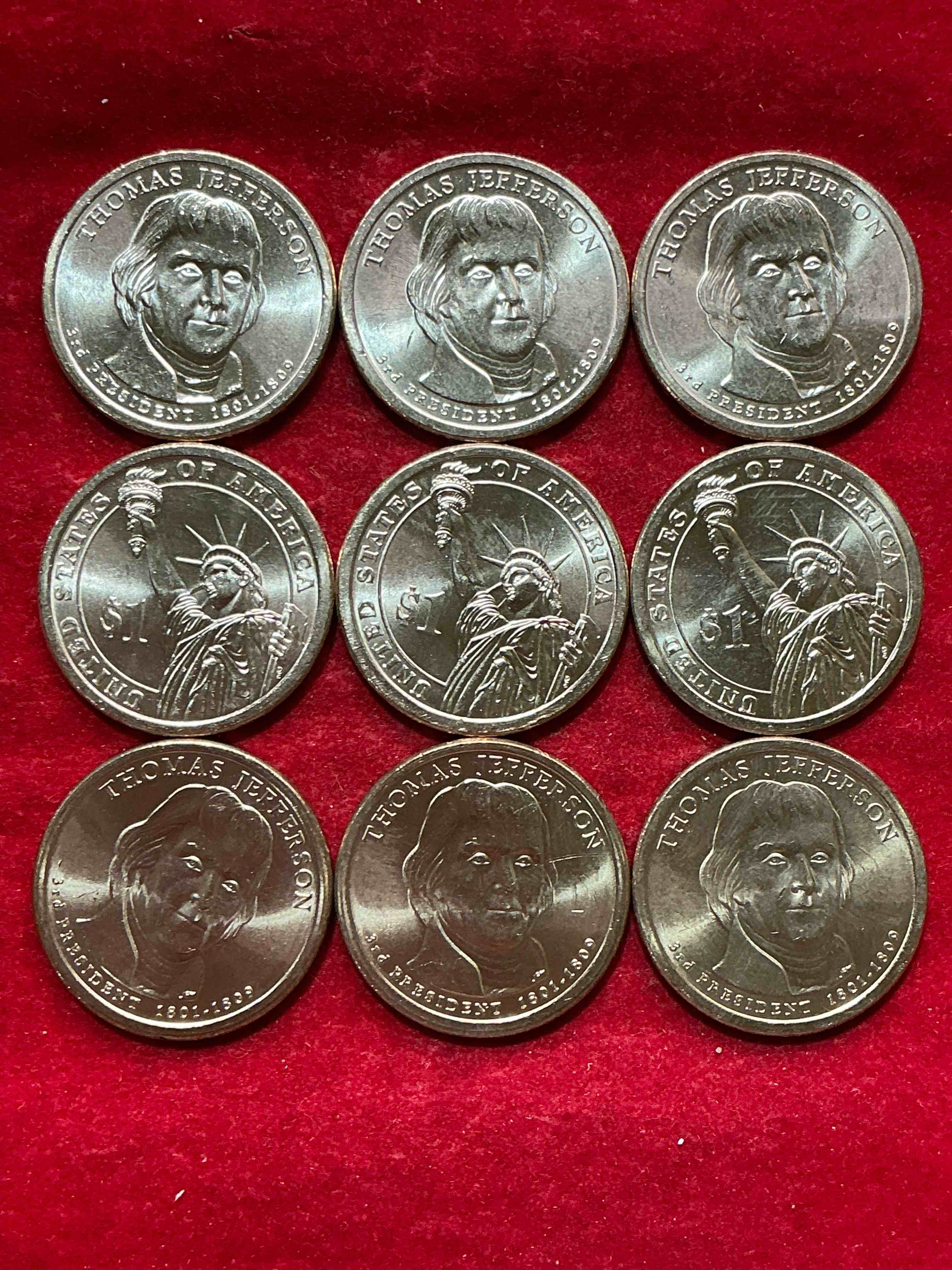 Condition photo showing New/Like New for thomas jefferson 2007 one dollar coins! uncirculated coin! these coins are in mint condition, and some of the most collectible coins out there! rare, uncirculated, one dollar coins featuring thomas jefferson!