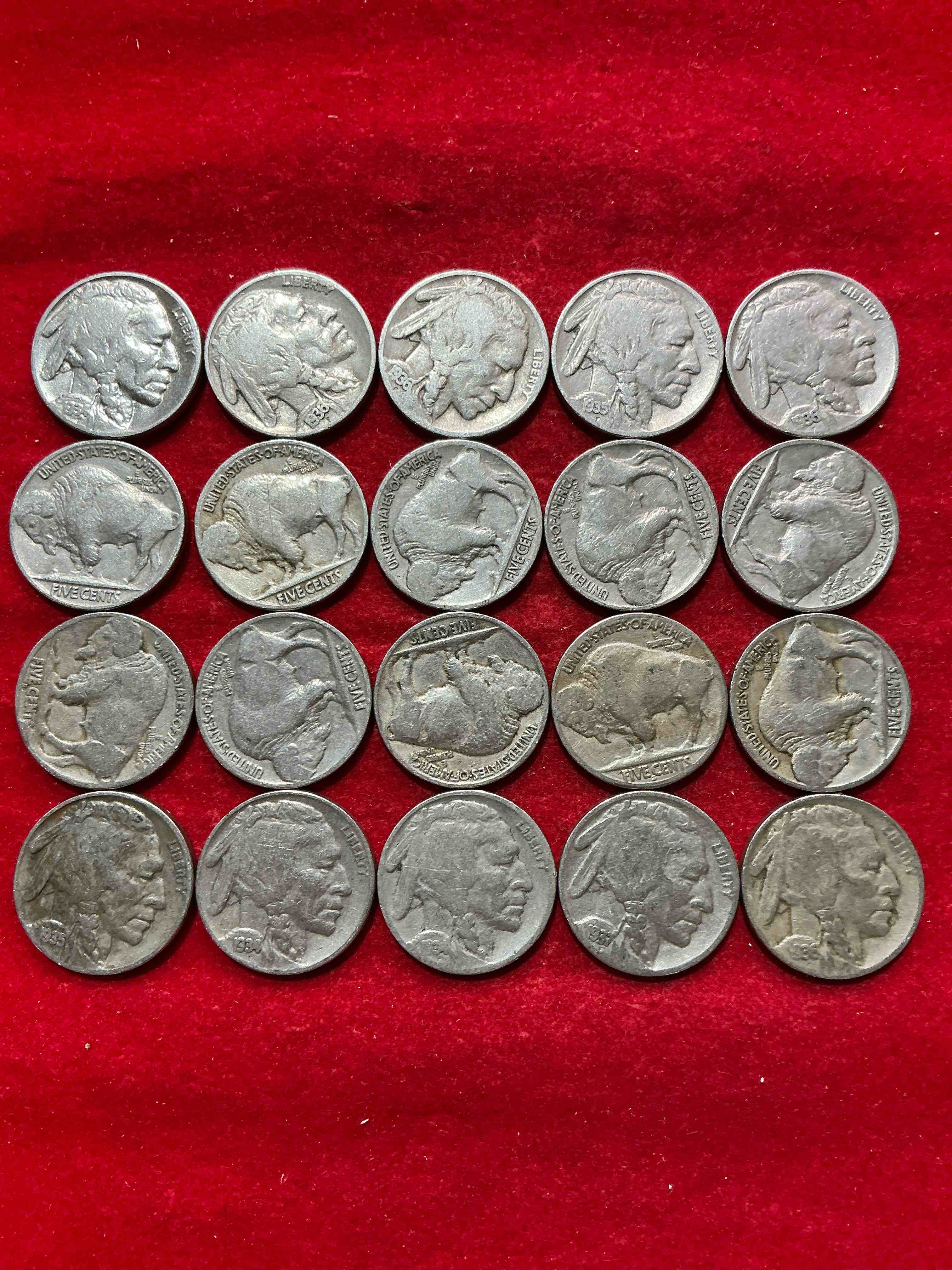 Condition photo showing Good Condition for historic buffalo nickels! indian head buffalo nickels were minted from 1913 to 1938 & have become a favorite for coin collectors around the world! own pieces of american history with these cool indian head buffalo nickels in circulated condition, some with visible dates is very rare for buffalo nickels!
