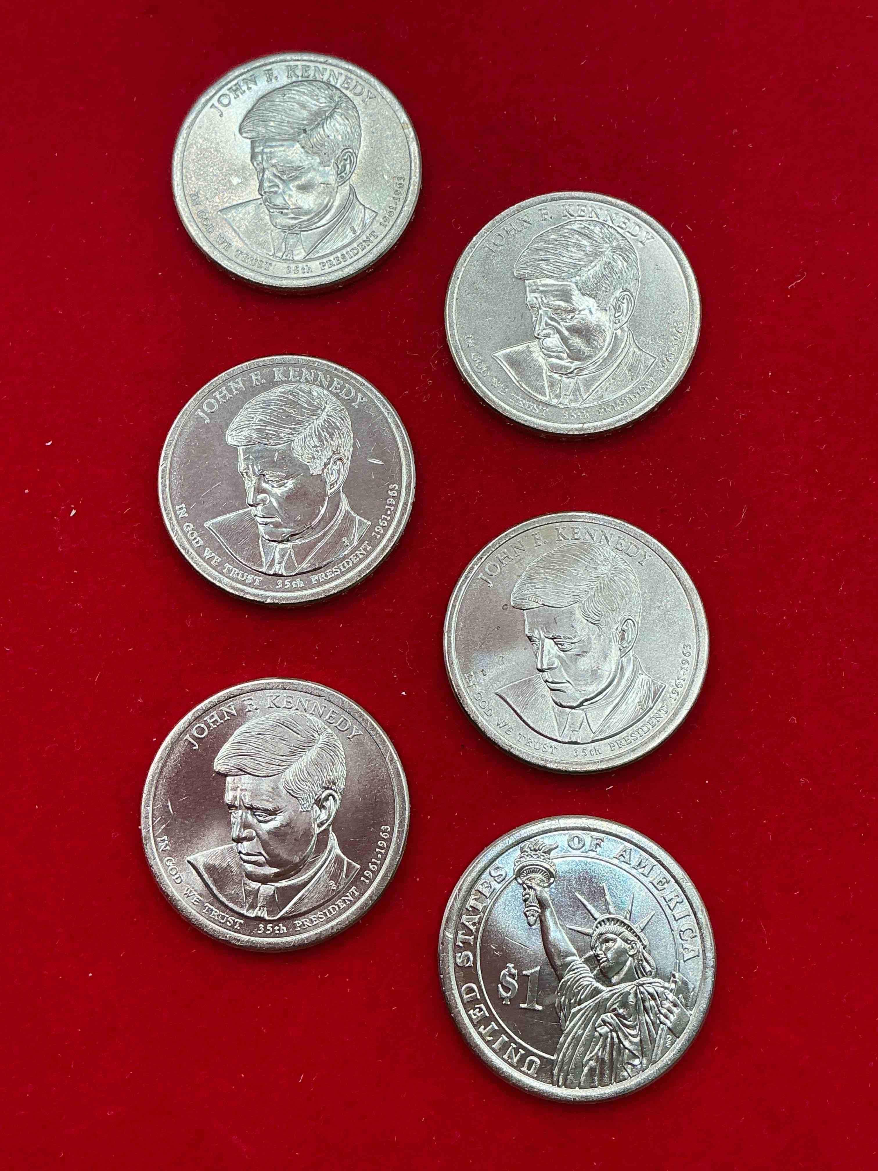 Condition photo showing New/Like New for john f. kennedy 2015 one dollar presidential coins! uncirculated brilliant coins! 6 coin lot! these coins are in mint condition, and some of the most collectible coins out there! rare, uncirculated, one dollar coins featuring john f. kennedy