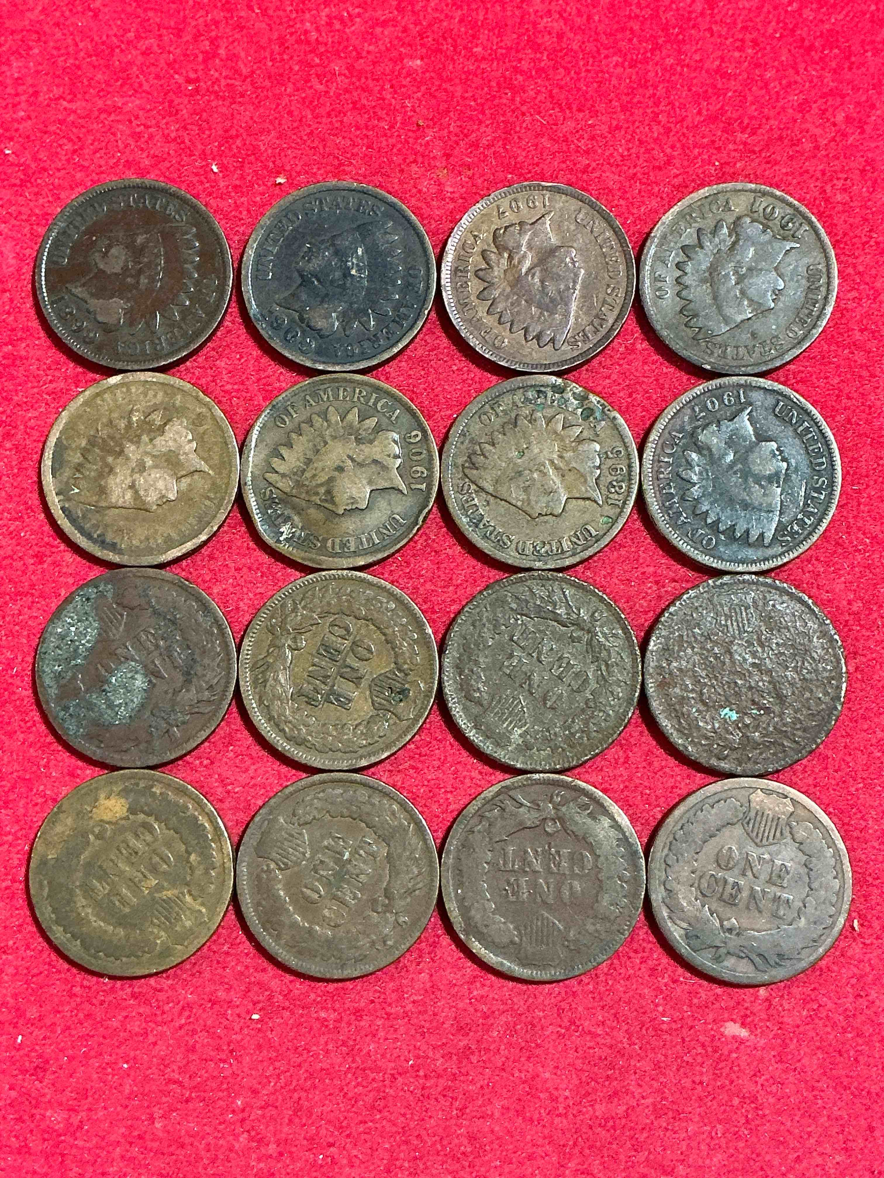 Condition photo showing Good Condition for indian head pennies! 16 coin lot! these gorgeous u.s. pennies were minted from 1859-1909 & have become serious collector items! the "indian head" design is actually a representation of lady liberty wearing an indian headdress. here are beautiful, well-kept examples representing many different mint years! great for collecting, investing & learning history, & rare with visible dates!