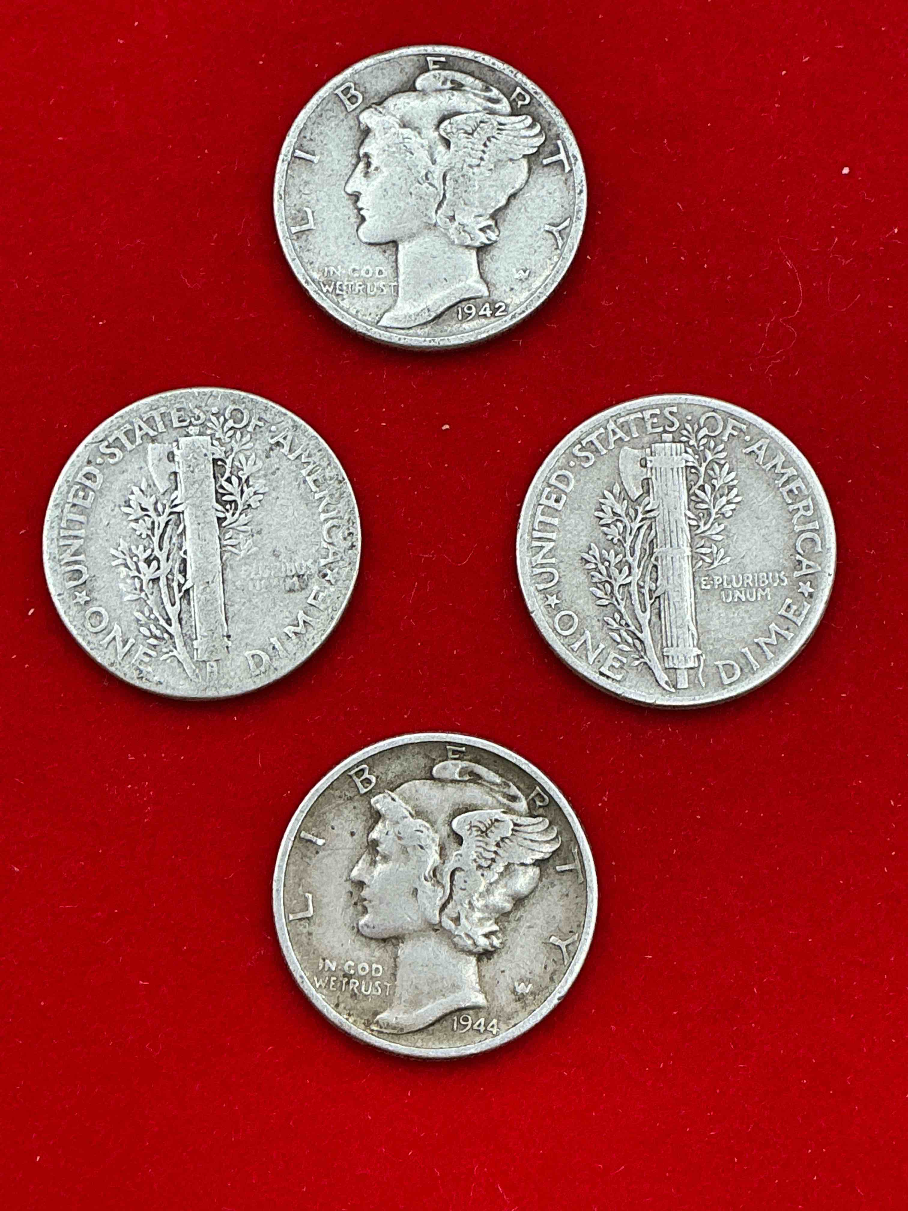 Condition photo showing Good Condition for antique u.s. pure fine silver mercury dimes!  4 coin lot! silver mercury dimes were minted from 1916-1945 & have become serious collector items! check out these awesome examples, all in nice, circulated condition with visible dates & varying years! rare to have visible dates! makes for a great investment in precious metals, mercury dimes are 90% pure fine silver! they don't make em' like this anymore!