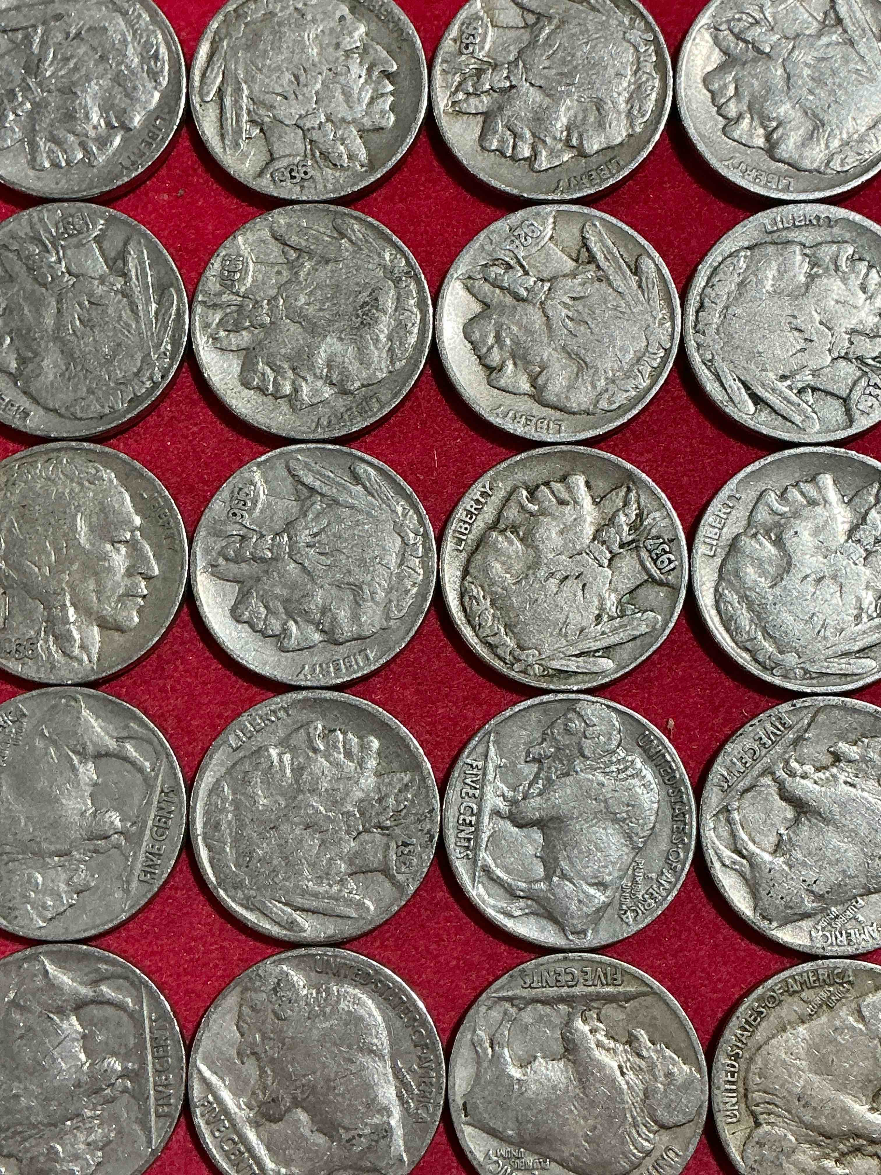 Condition photo showing Good Condition for historic buffalo nickels! 20 coin lot! indian head buffalo nickels were minted from 1913 to 1938 & have become a favorite for coin collectors around the world! own pieces of american history with these cool indian head buffalo nickels in circulated condition, some with visible dates is very rare for buffalo nickels!