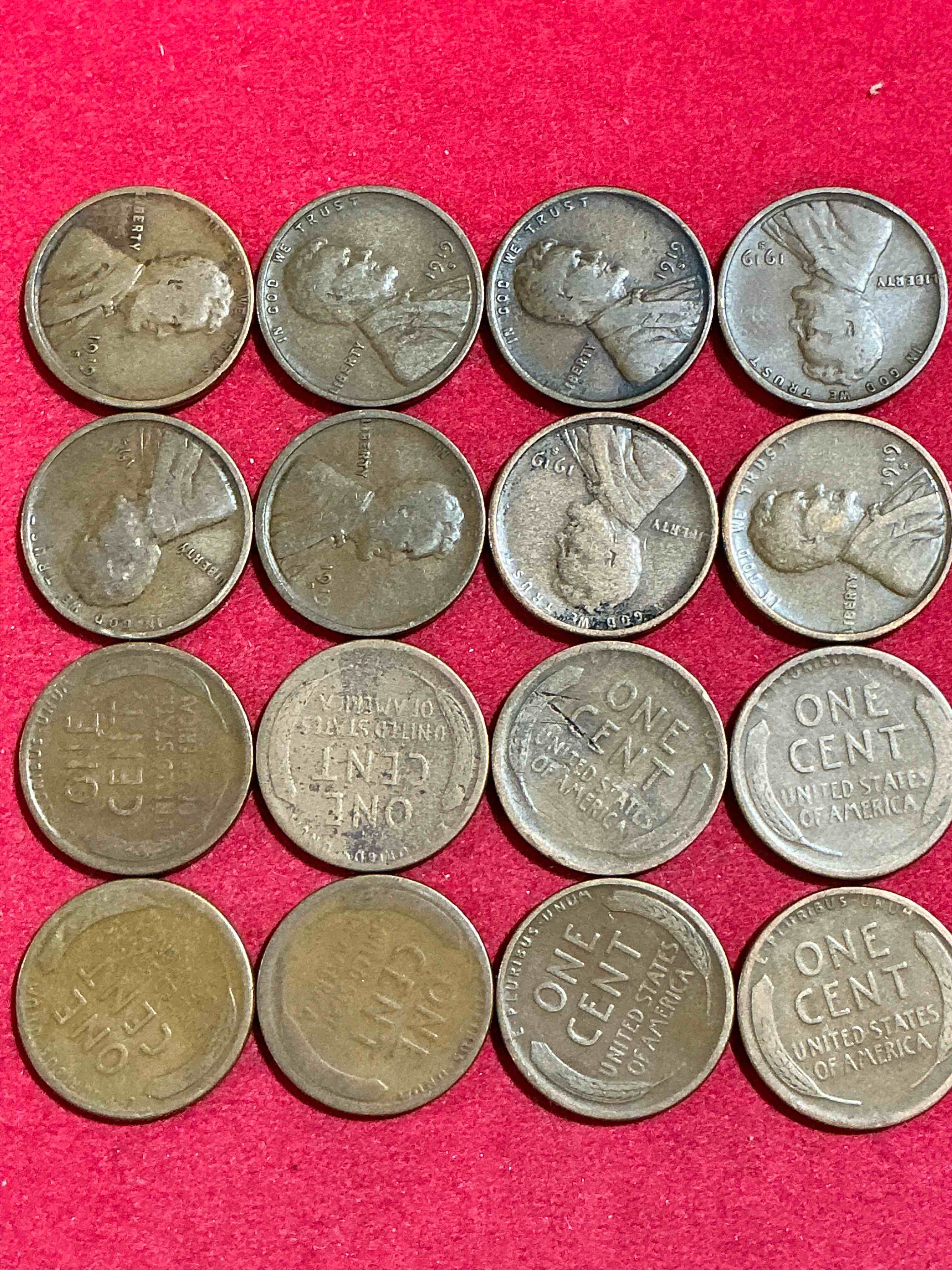 Condition photo showing Good Condition for 1919 wheat pennies!  16 coin lot! world war one officially ended with the treaty of versailles in 1919.  own pieces of history from this era with these 1919 wheat pennies in great condition!