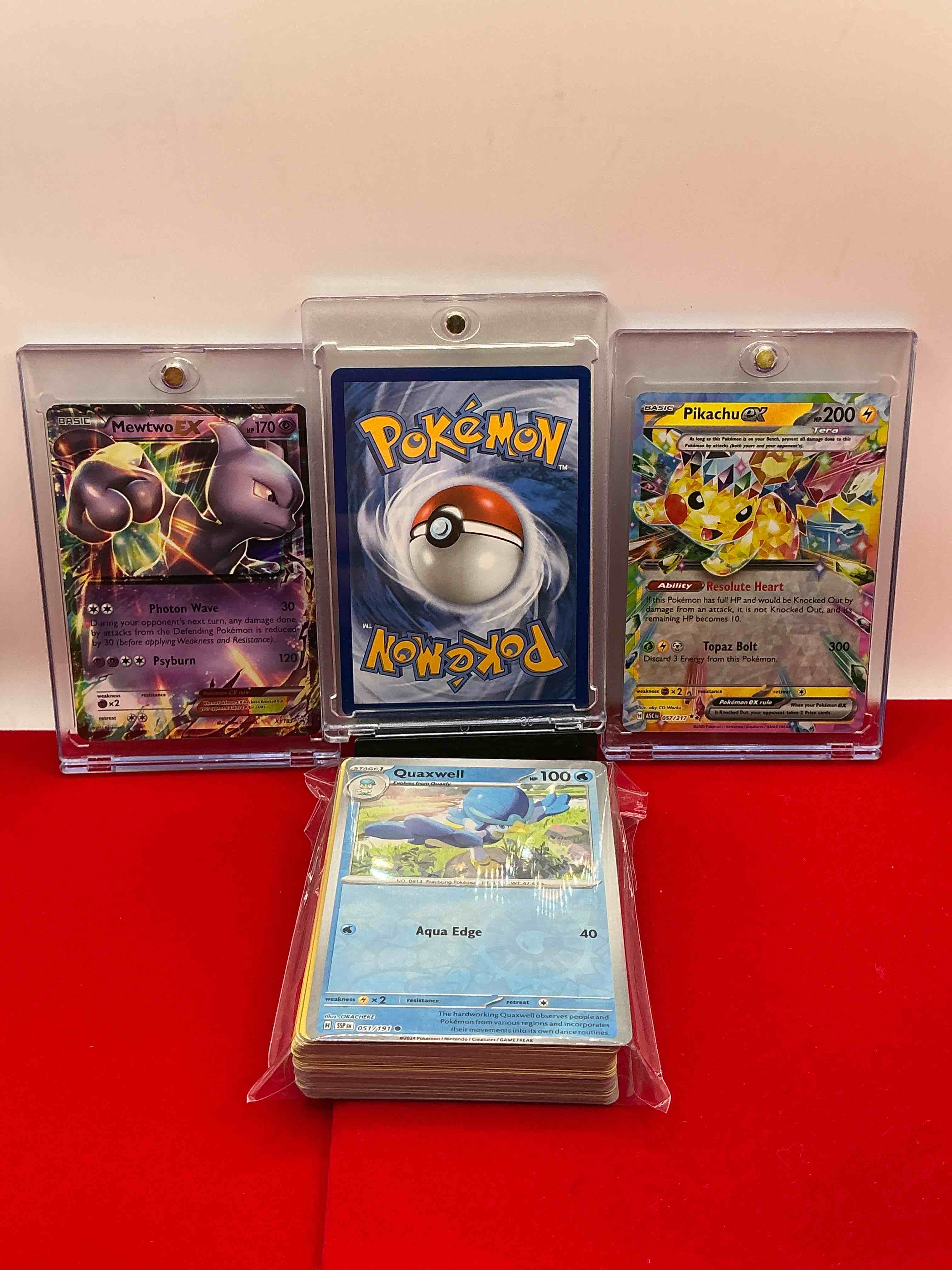 Condition photo showing New/Like New for pikachu ex! mewtwo ex! mega dragalge ex! along with 50 other pokémon heroes, holos, legends & commons- including holographic cards, cool holos & more! includes non holo common/ uncommon basic & first stage cards & could even include trainers & energy too! perfect set for collectors & enthusiasts!