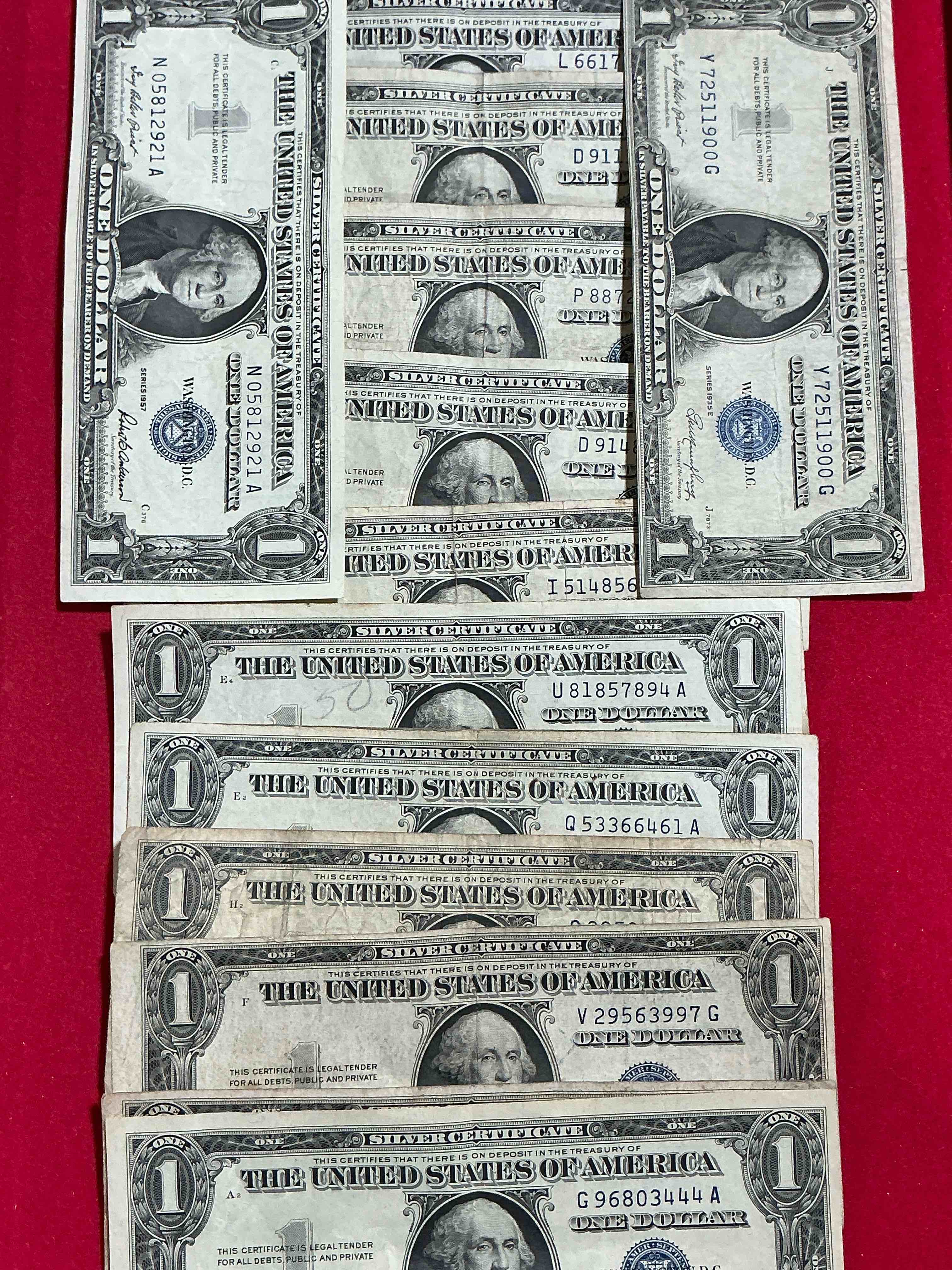 Condition photo showing Good Condition for 1957 & 1935 series silver certificates! 12 certificate lot! did you know that prior to 1964 one dollar u.s. paper money was actually redeemable for silver dollars?! wow how times have changed! silver certificates were produced from 1878 to 1964 & are still considered legal tender at face value. here are gorgeous, circulated 1957 u.s. one dollar silver certificate, with highly collectible "blue seal!* own an awesome piece of history!