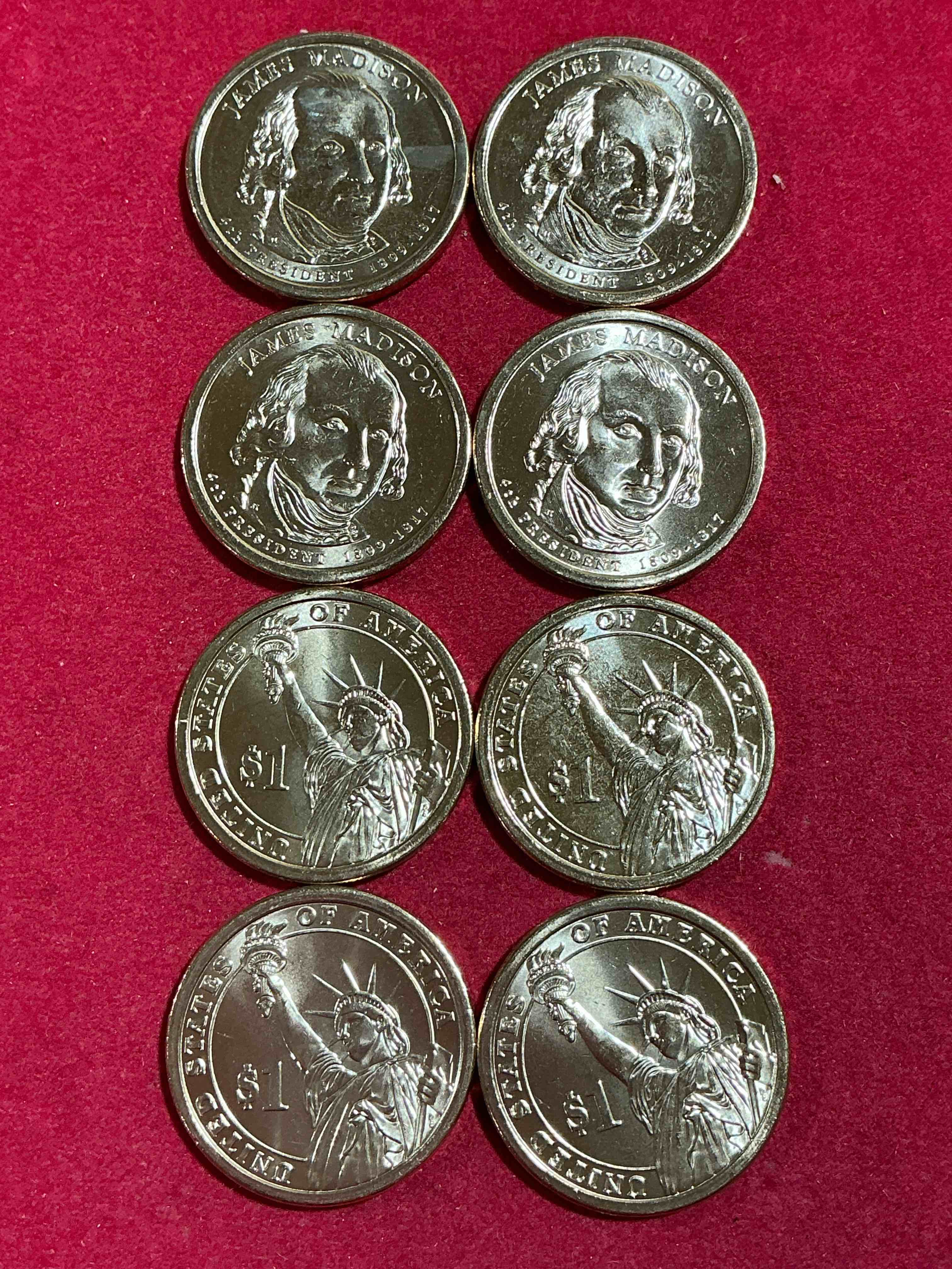 Condition photo showing New/Like New for 2007 james madison one dollar presidential coins!  8 coin lot! uncirculated brilliant coins! these coins are in mint condition, and some of the most collectible coins out there! rare, uncirculated, one dollar coins featuring james madison!