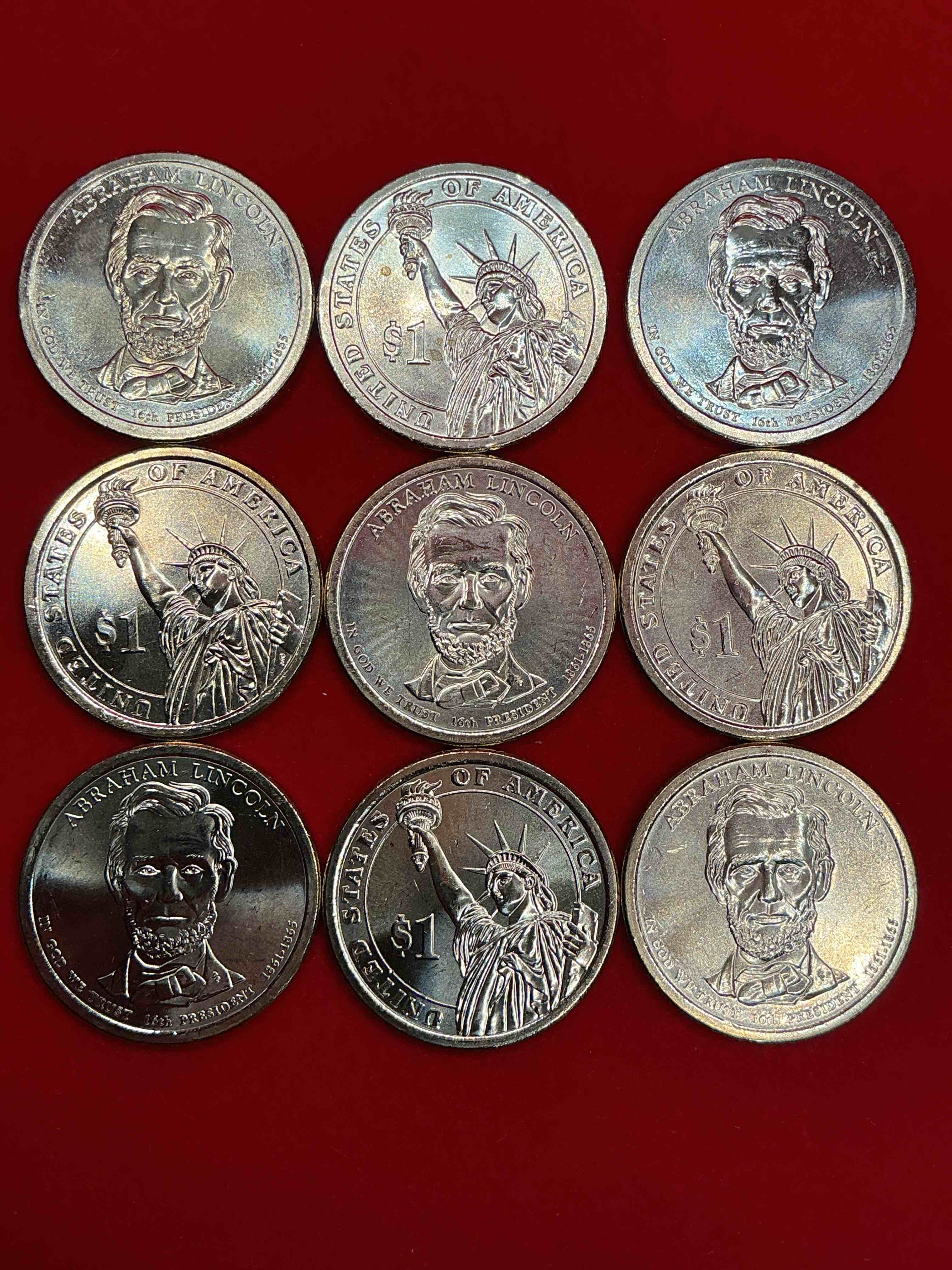 abraham lincoln 2010 one dollar presidential coins! uncirculated brilliant coins! these coins are in mint condition, and some of the most collectible coins out there! rare, uncirculated, one dollar coins featuring abraham lincoln!