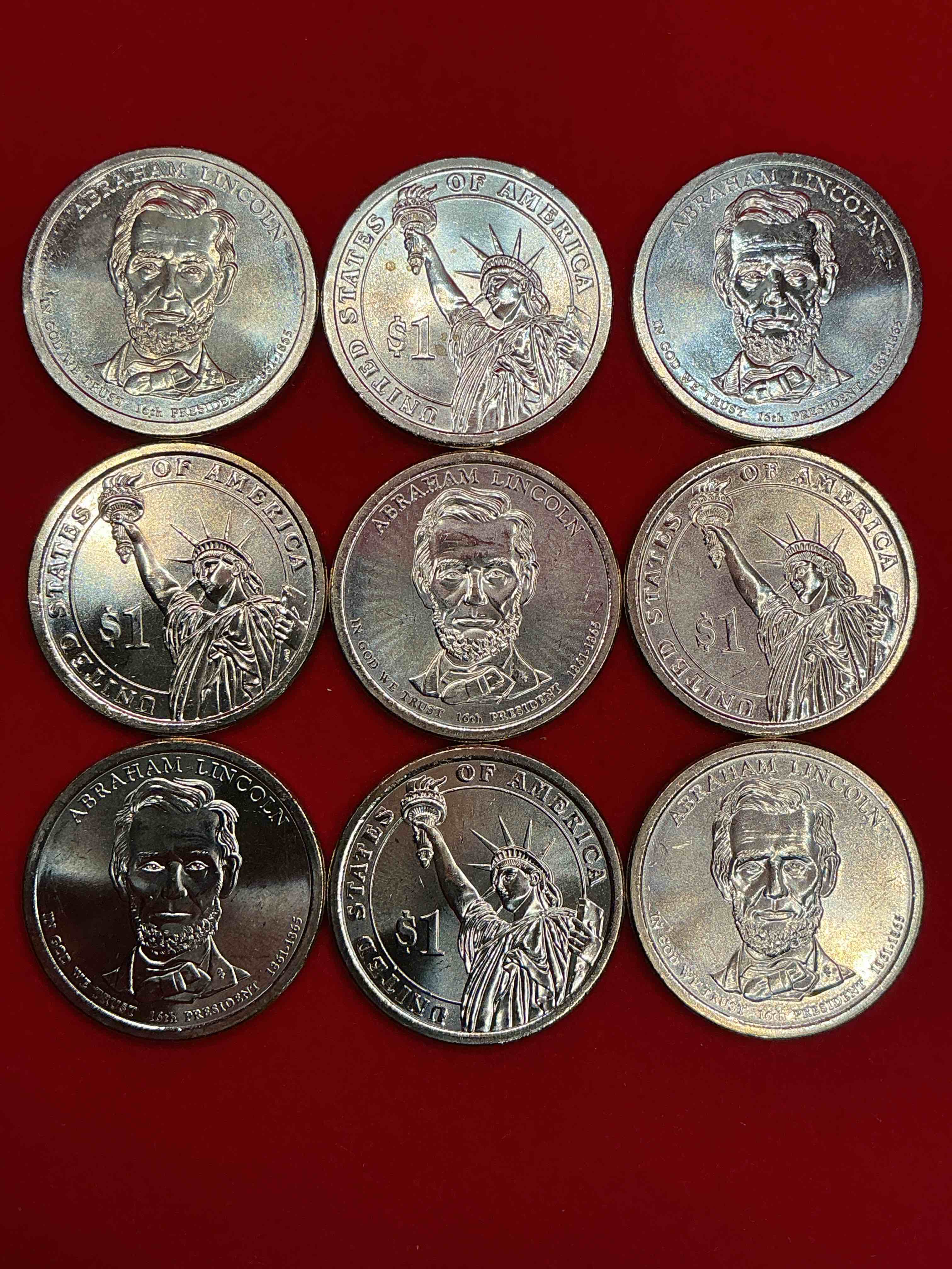 Condition photo showing New/Like New for abraham lincoln 2010 one dollar presidential coins! uncirculated brilliant coins! these coins are in mint condition, and some of the most collectible coins out there! rare, uncirculated, one dollar coins featuring abraham lincoln!