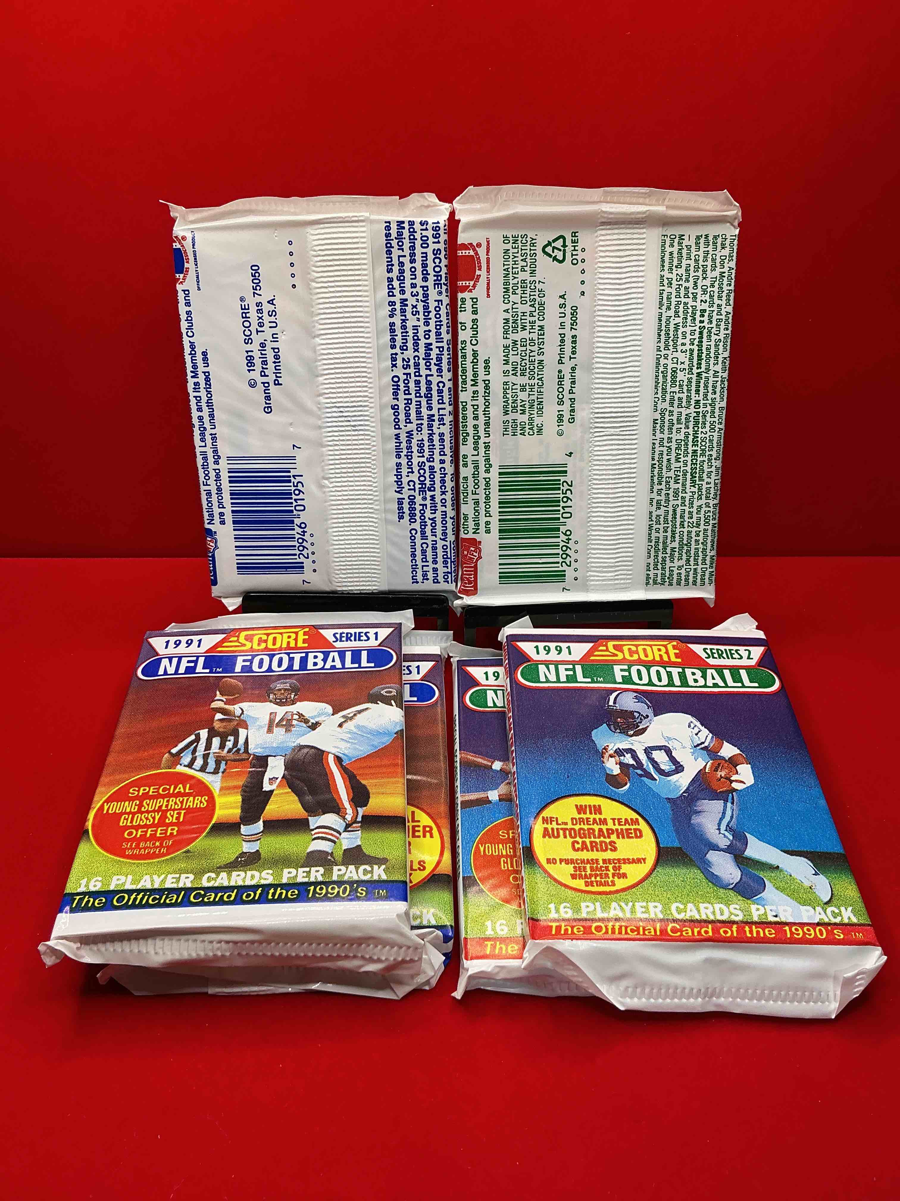 Condition photo showing New/Like New for 1991 nfl score football sealed card packs series i & ii direct from original retail case! these cards are sought after by collectors for their awesome, nostalgic look. search for brett favre rookie, early jerry rice, early emmit smith, joe montana & so much more!