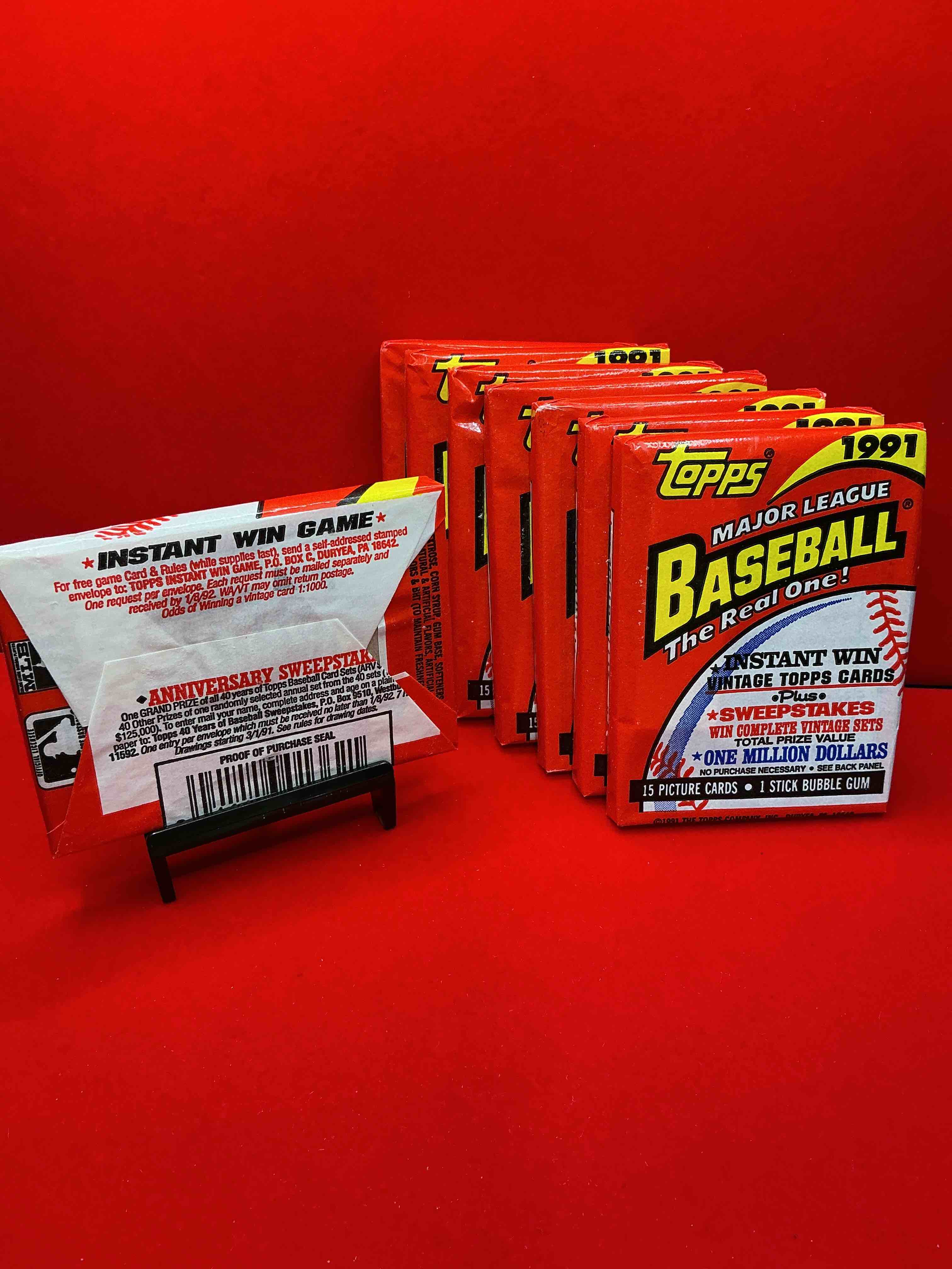 Condition photo showing New/Like New for 1991 baseball history! in 1991 topps developed & premium line of baseball cards to compete with upper deck... & here they are! 1991 topps baseball stadium club unopened wax pack, direct from original retail casel search for impressive cards such as ken griffey jr. #270 (psa 10 value $250), frank thomas #57 (psa 10 value $200) & nolan ryan #200 (psa 10 value $150.00). own a piece of sports card memorabilia history!