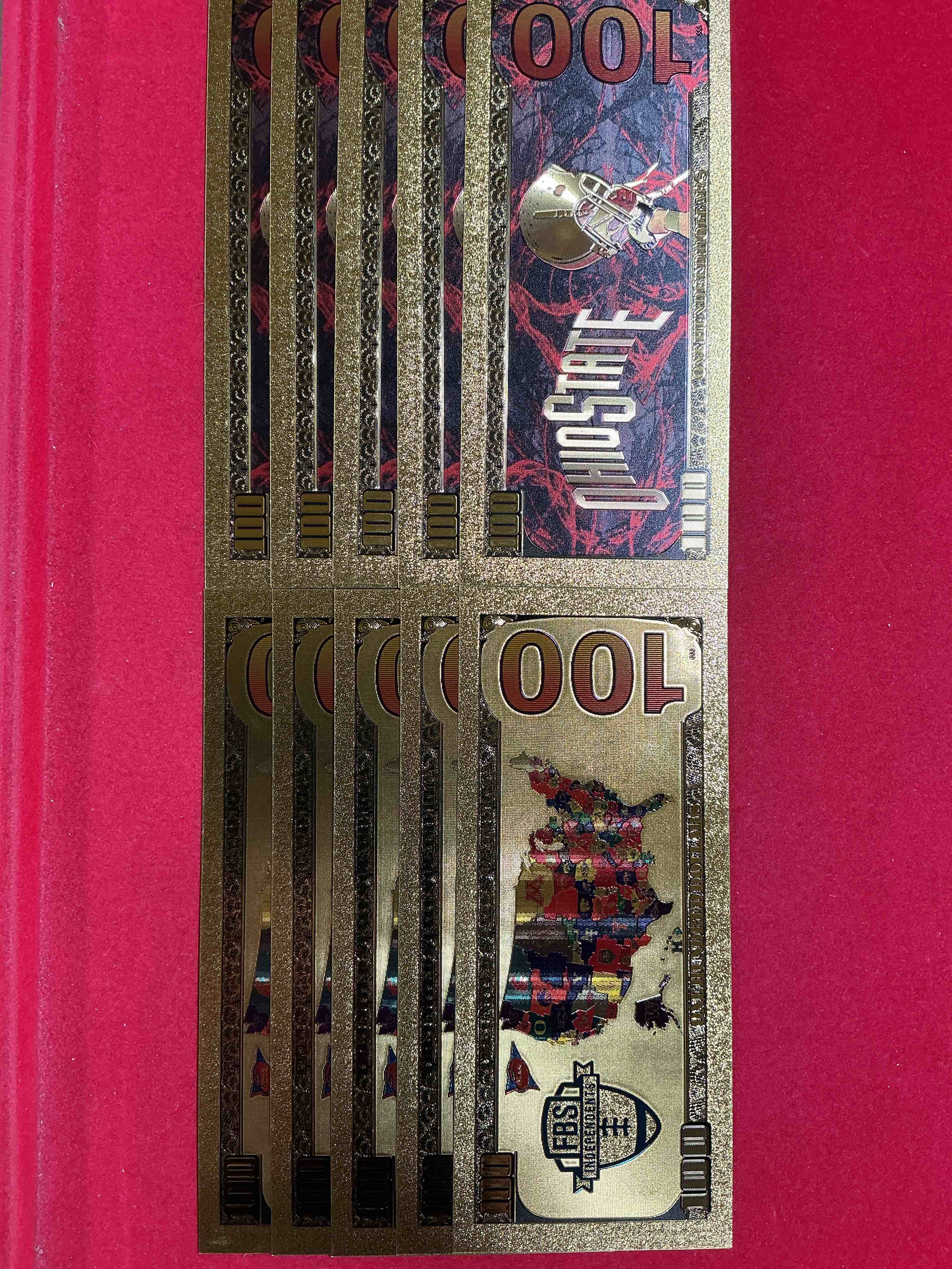 Condition photo showing New/Like New for ohio state university collectible memorabilia! super cool, gold in color 100 dollar commemorative ohio state university bill! cool designs on front & back of bill! osu fans rejoice, cool memorabilia! plastic bills with cool designs!