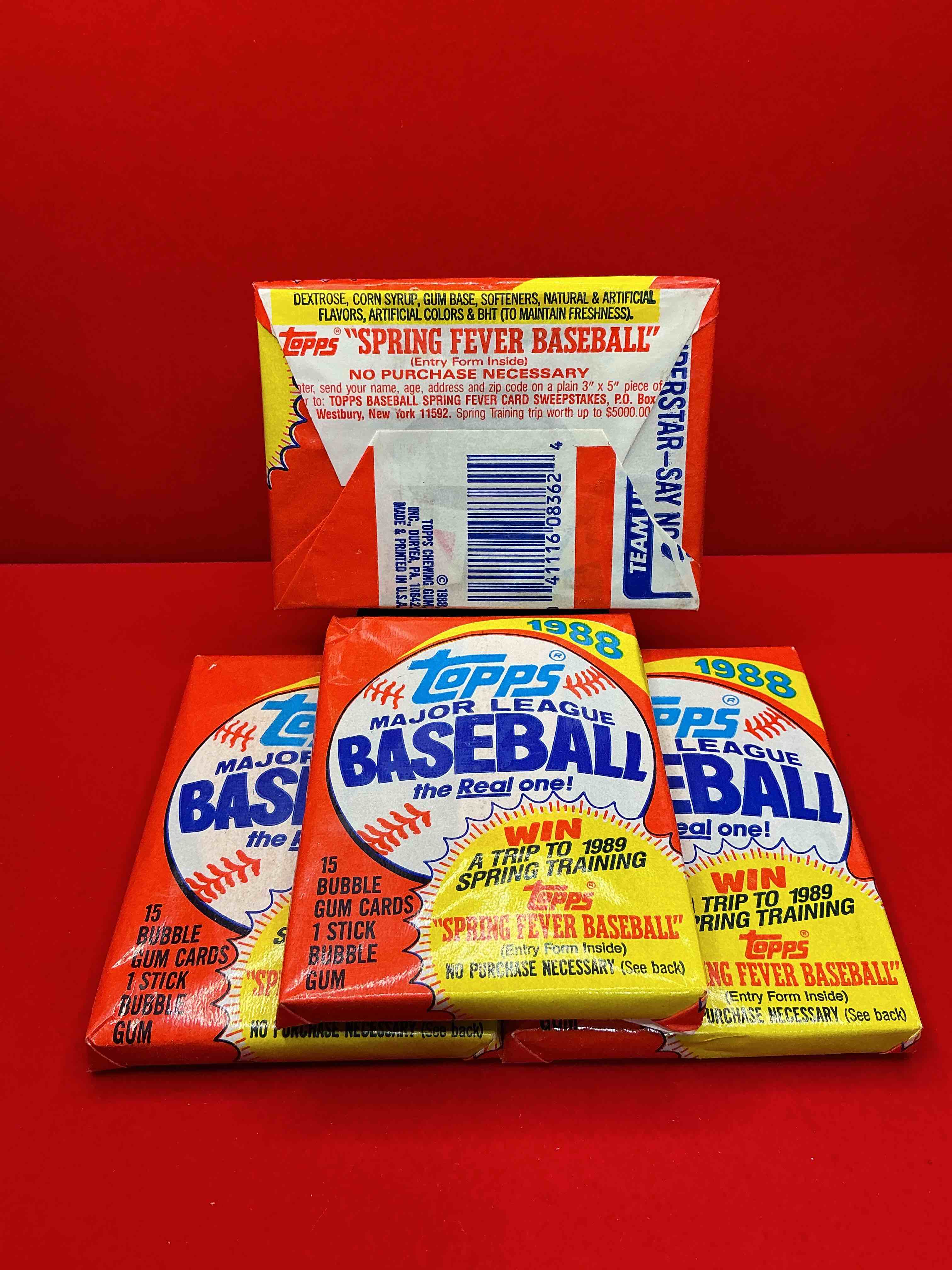 Condition photo showing New/Like New for 80's baseball fan's rejoice! 1988 topps baseball unopened wax packs full of collectible trading cards! search for valuable don mattingly "world of baseball" & nolan ryan cards worth hundreds in perfect condition!