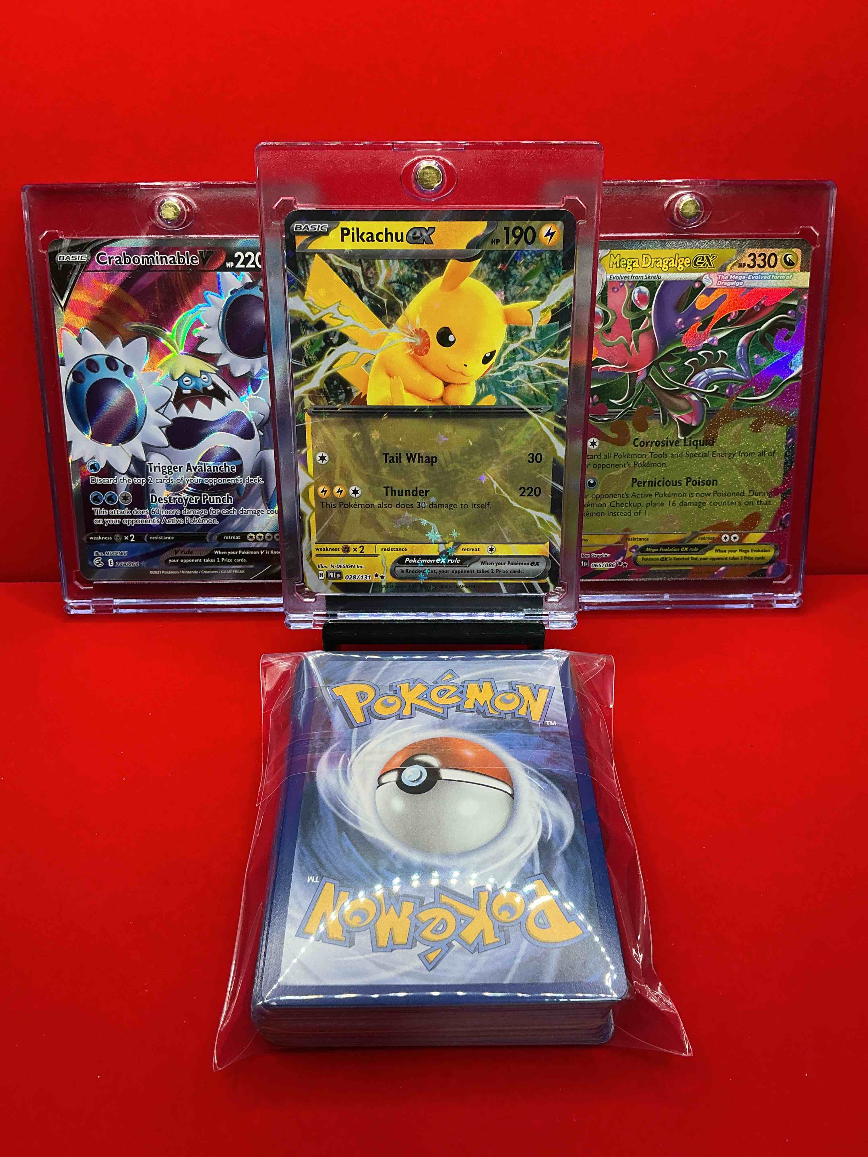 Condition photo showing New/Like New for pokémon! pikachu ex! crabominable v! mega dragalge ex! along with 50 other pokémon heroes, holos, legends & commons- including holographic cards, cool holos & more! includes  non holo common/ uncommon basic & first stage cards & could even include trainers & energy too! perfect set for collectors & enthusiasts!