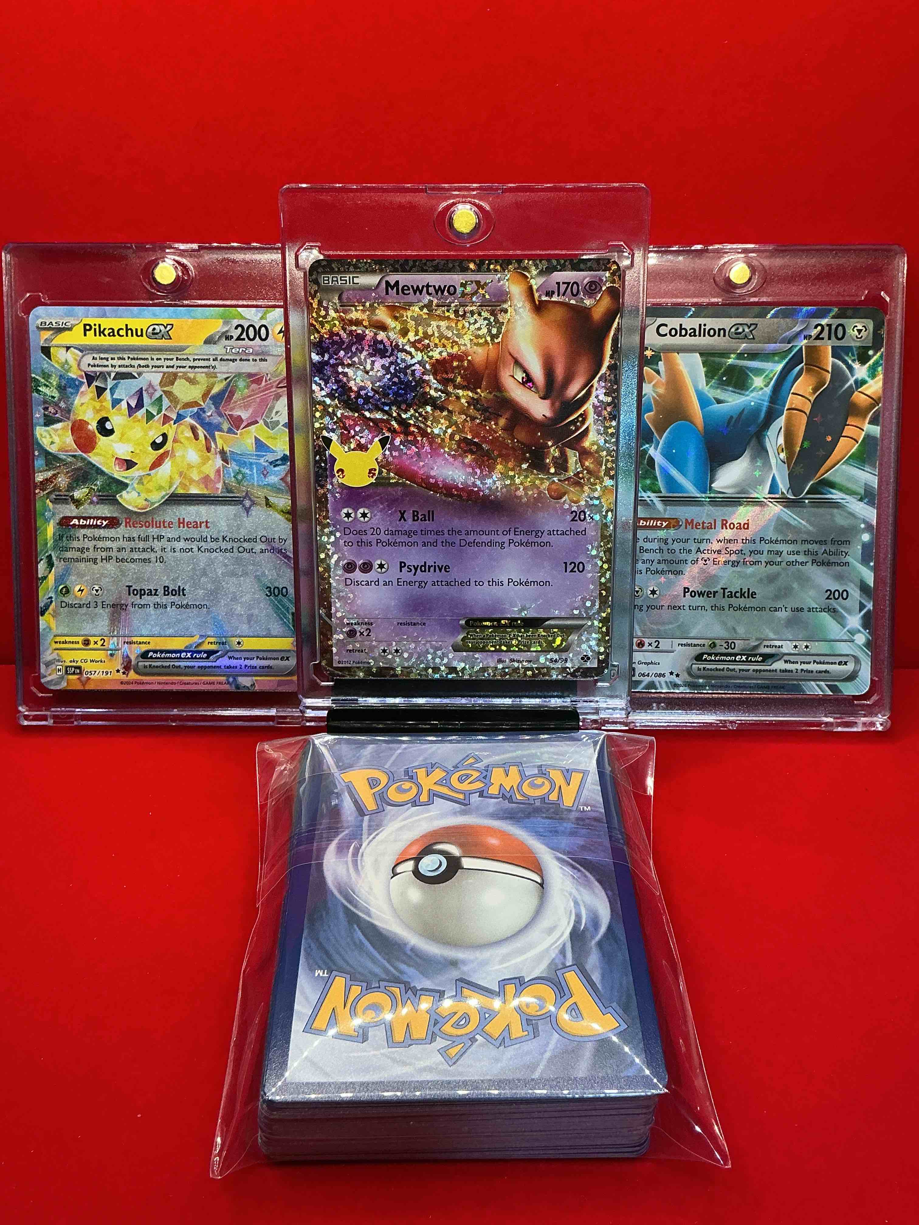 Condition photo showing New/Like New for mewtwo ex! pikachu ex! cobalion ex! pokémon!! along with 50 other pokémon heroes, holos, legends & commons- including holographic cards, cool holos & more! includes non holo common/ uncommon basic & first stage cards & could even include trainers & energy too! perfect set for collectors & enthusiasts!