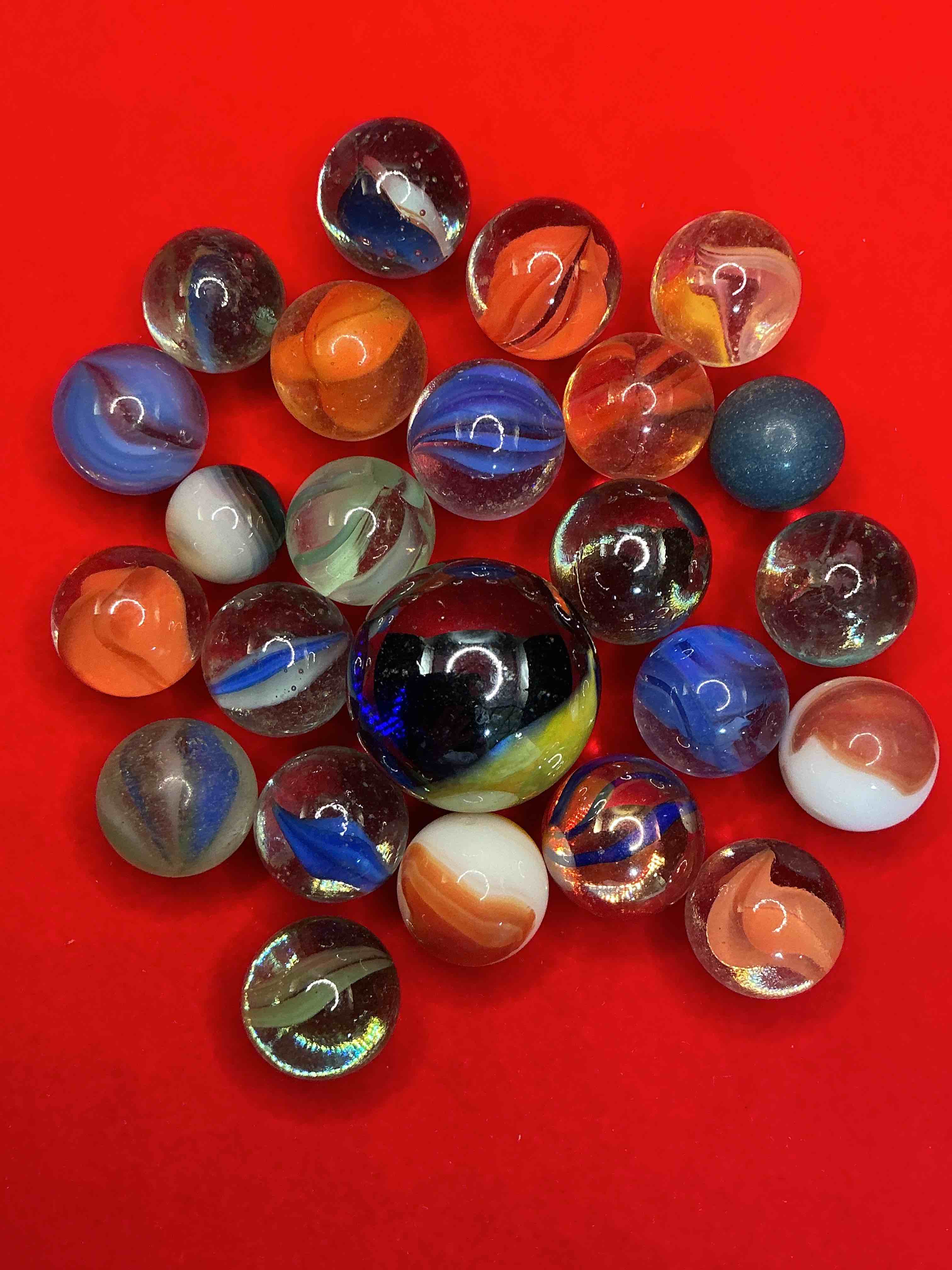 Condition photo showing Good Condition for antique glass marbles! genuine stunning marbles lot, some marbles made between the years 1925-1965 & some may be made with uranium! some may are great depression era & even earlier! gorgeous, authentic pieces of history!