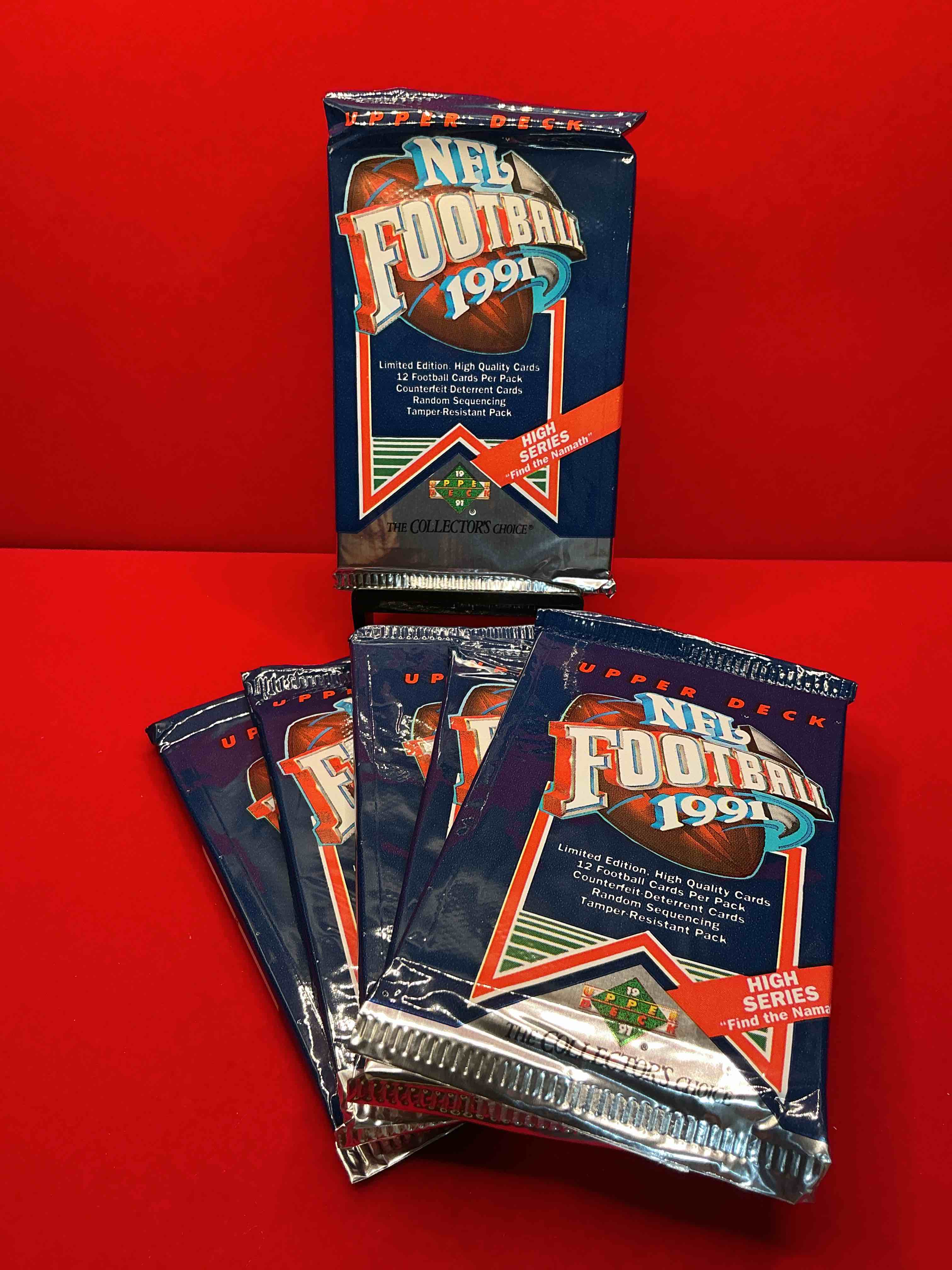 rare & vintage! 1991 upper deck high series edition unopened nfl football packs! find the namath! direct from original box! brett favre rookie year! search for brett favre rookie & other 80s stars!