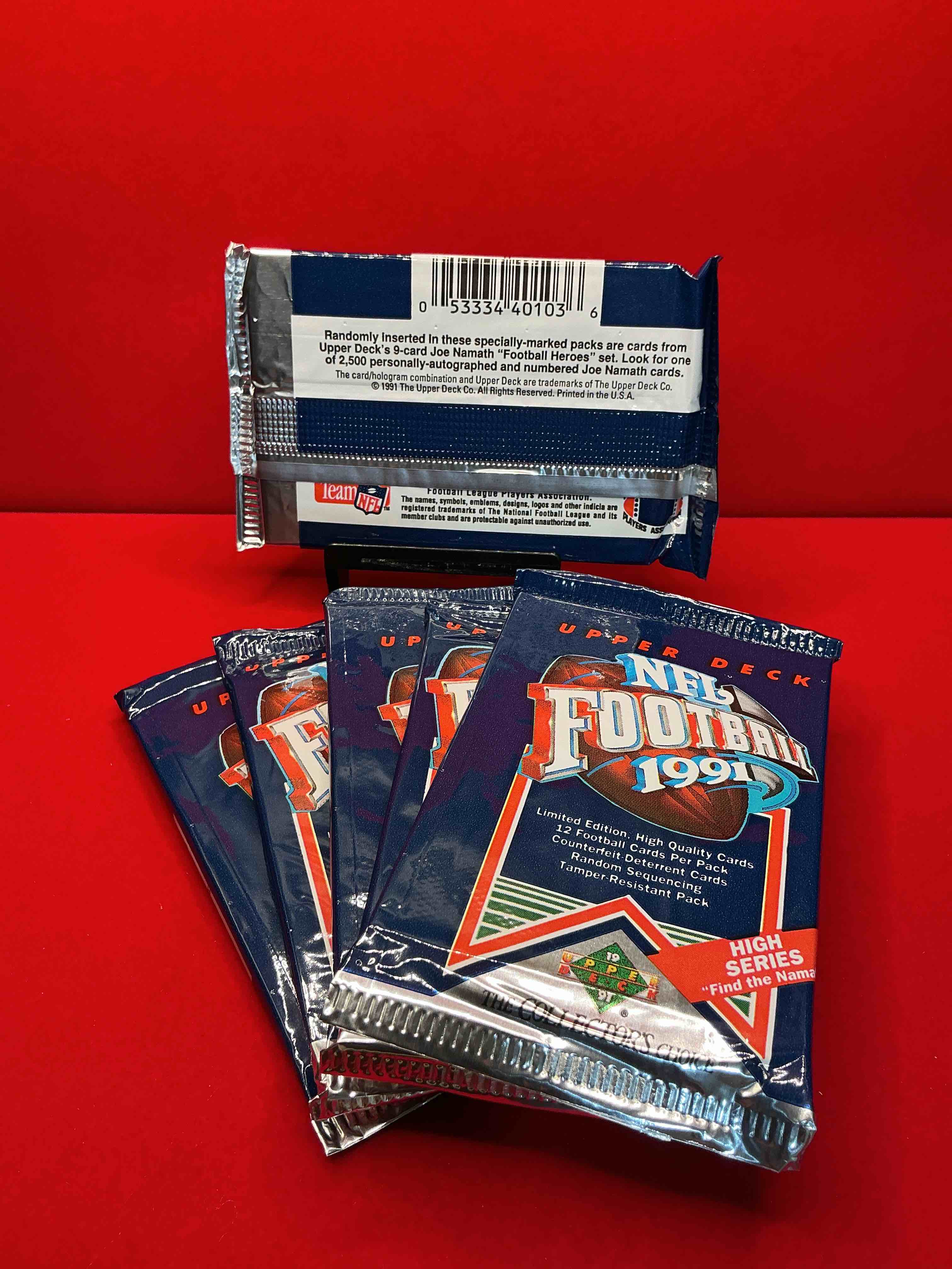 Condition photo showing New/Like New for rare & vintage! 1991 upper deck high series edition unopened nfl football packs! find the namath! direct from original box! brett favre rookie year! search for brett favre rookie & other 80s stars!