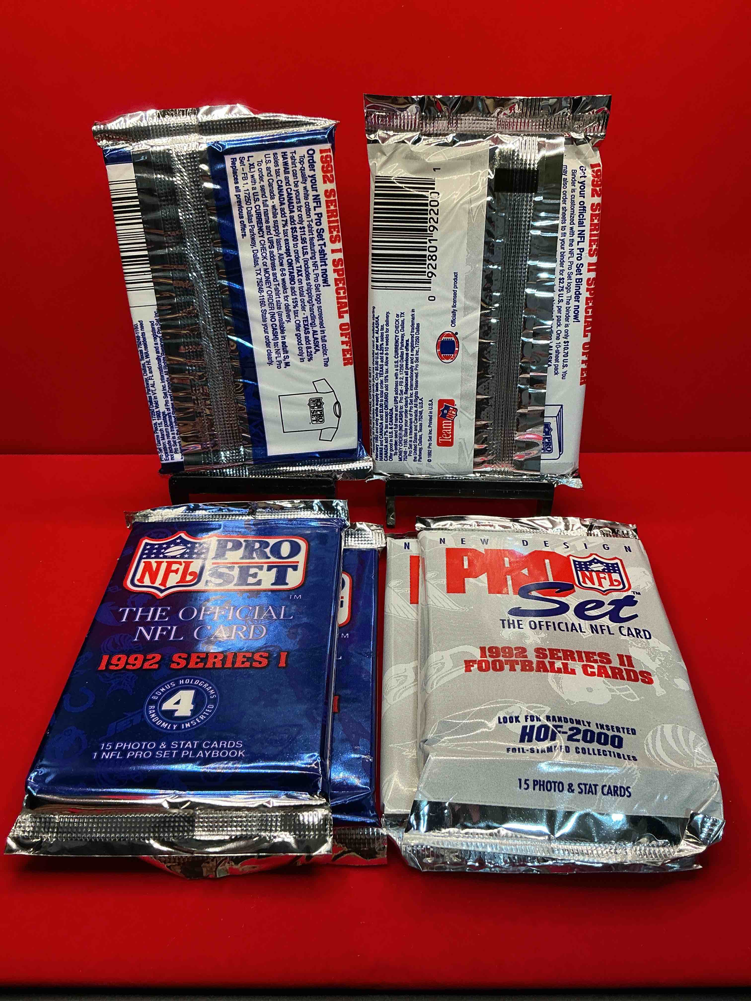 Condition photo showing New/Like New for nfl pro set! wow! 1992 series i & ii football cards! possible rice, montana, elway, sanders, jackson & more! search for limited edition randomly inserted hof 2000 stamped collectibles!