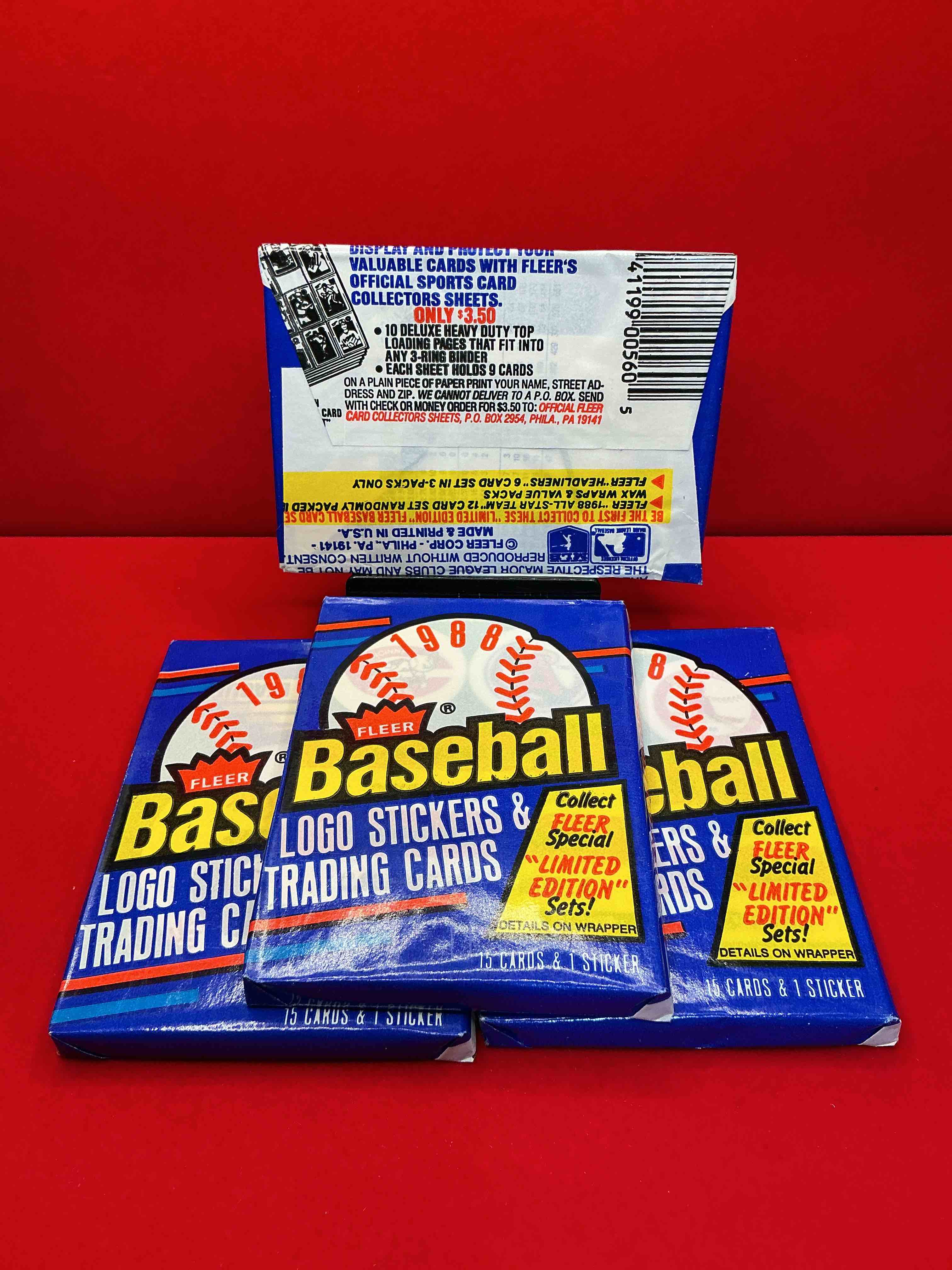 Condition photo showing New/Like New for 80's baseball fan's rejoice! 1988 fleer baseball unopened wax packs full of collectible trading cards! search for valuable don mattingly & nolan ryan cards worth hundreds in perfect condition!