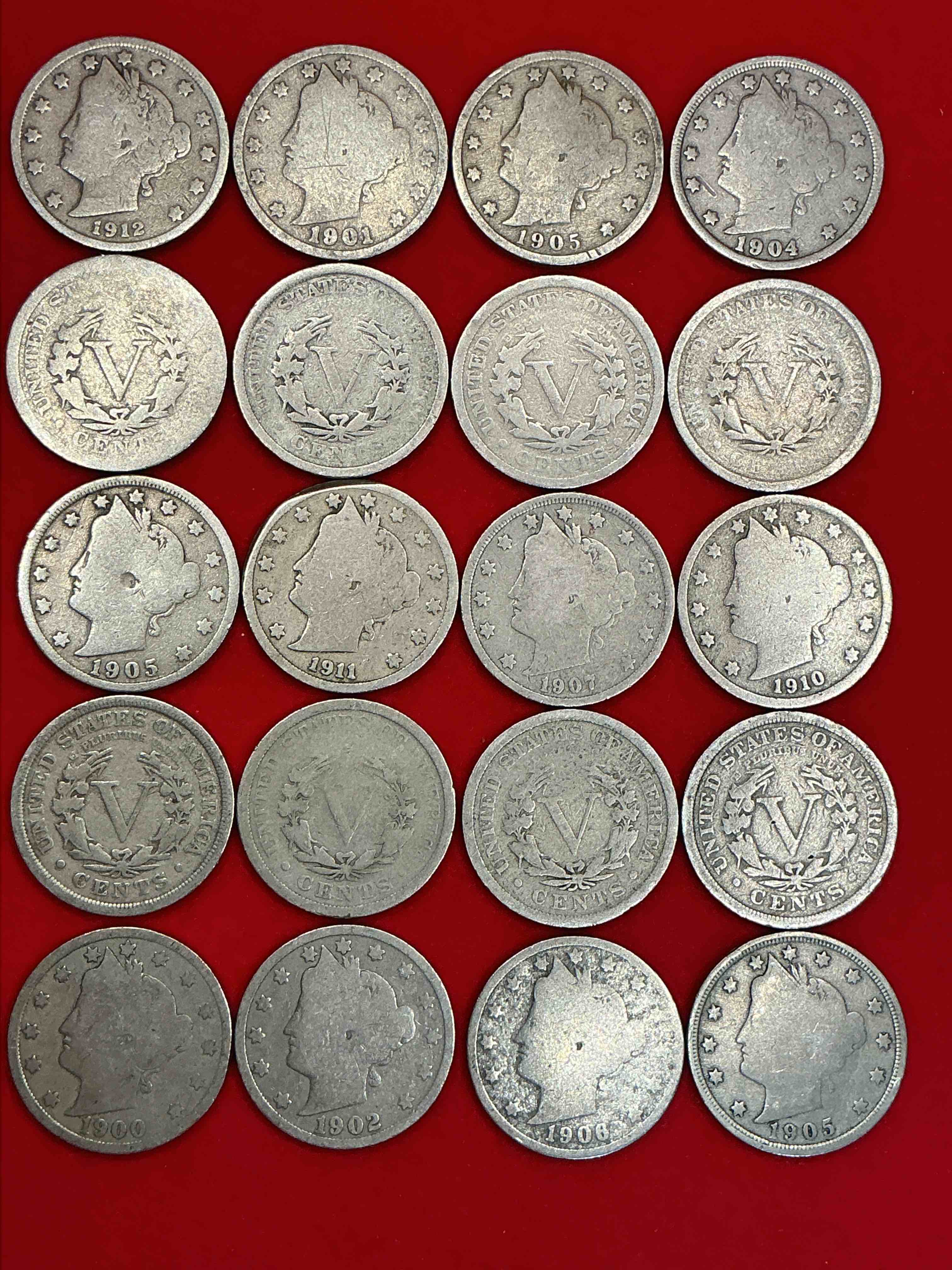 Condition photo showing Good Condition for antique u.s. v nickels! think of the history these coins have seen!, liberty head v nickels were minted up until 1913 & were the style of nickels before buffalo nickels. own some cool pieces of history! rare to see these coins with the "date on" in circulated condition!