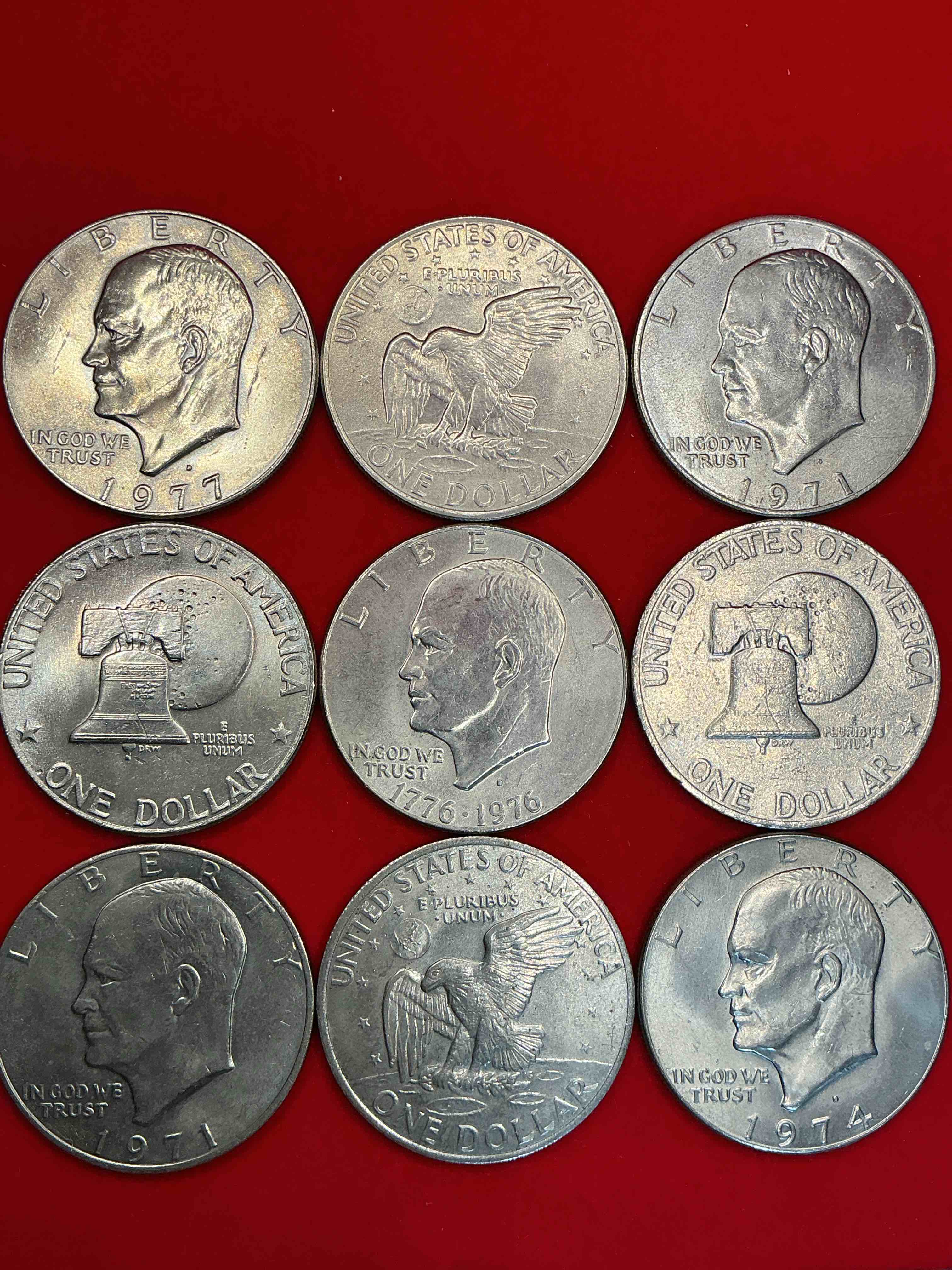 Condition photo showing Good Condition for gorgeous eisenhower dollar coins! these striking, large u.s. coins were minted from 1971-1978. here are gorgeous examples of “ike" dollars from 1976 & more! these coins have become immensely popular with collectors & some have great toning!