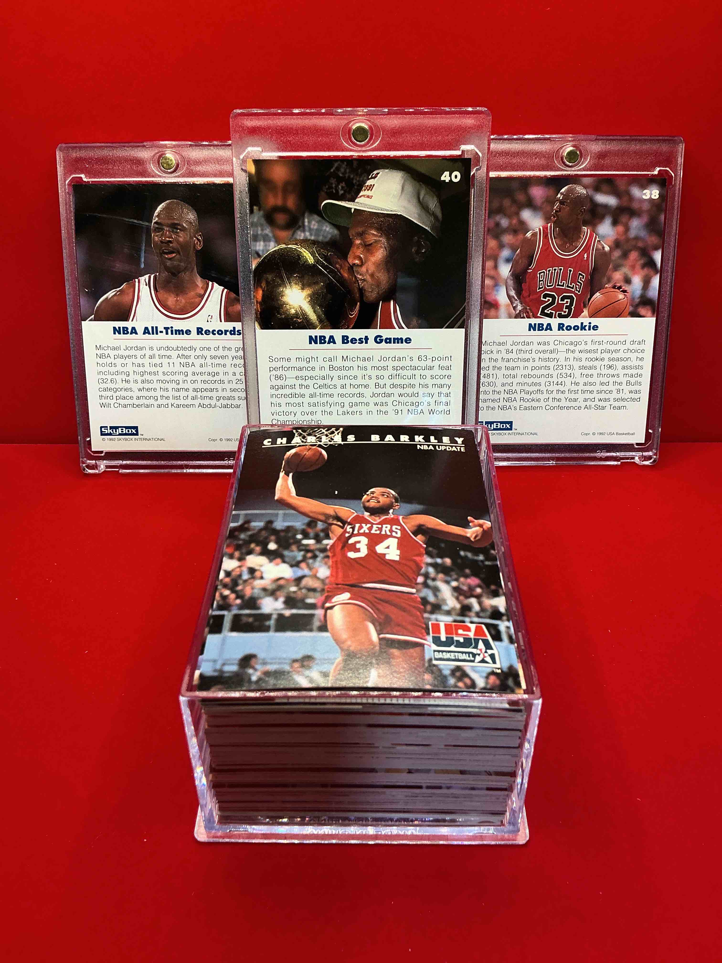 Condition photo showing New/Like New for extremely coveted michael jordan cards! 1992 skybox team usa “dream team” complete 110 card craziness! every player from the dream team all in one place! 9 cards each of michael jordan, scottie pippen, magic johnson, patrick ewing, larry bird, karl malone, chris mullen, john stockton & david robinson! basketball fans rejoice!
