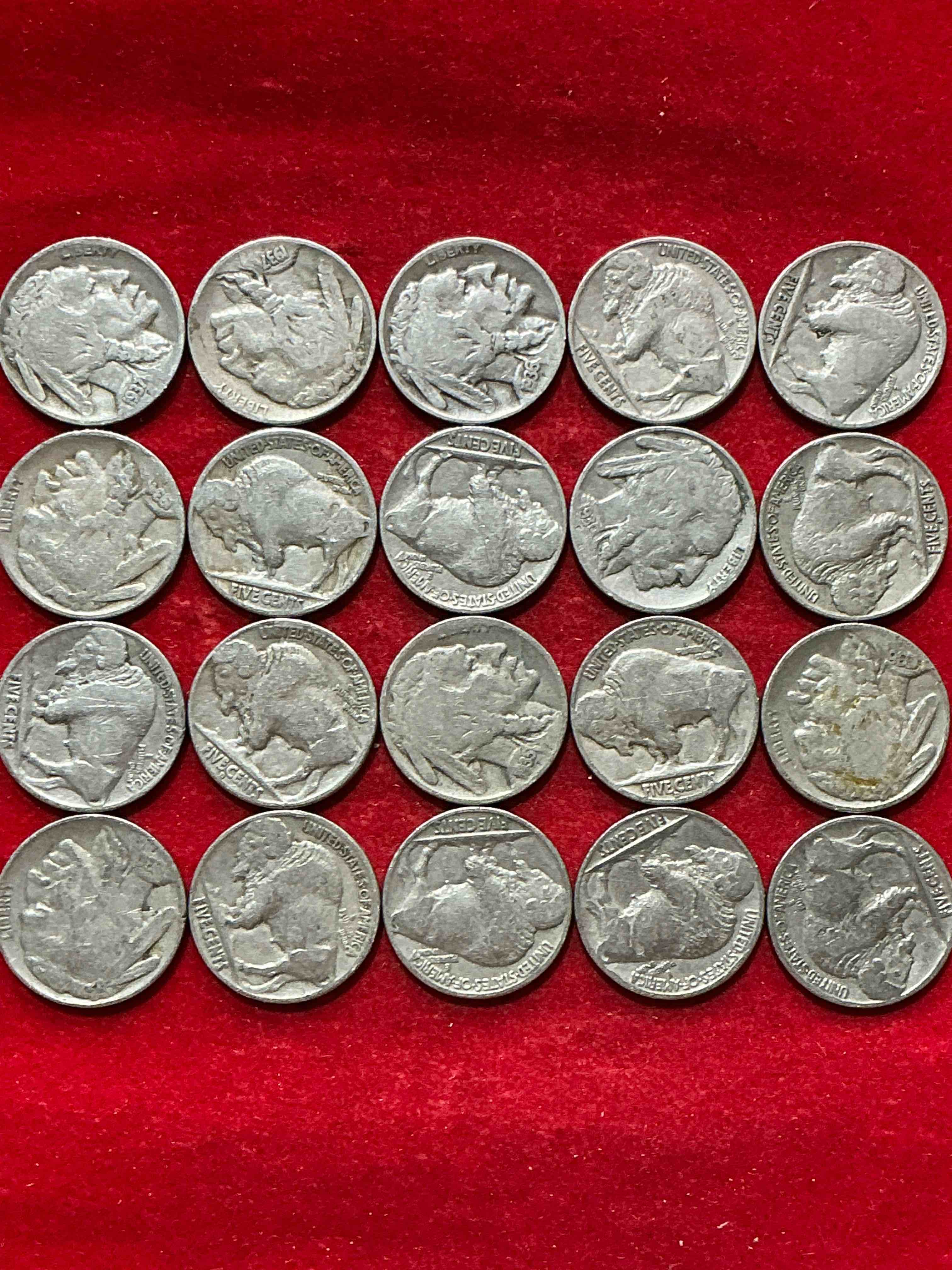 Condition photo showing Good Condition for historic buffalo nickels! indian head buffalo nickels were minted from 1913 to 1938 & have become a favorite for coin collectors around the world! own pieces of american history with these cool indian head buffalo nickels in circulated condition, some with visible dates is very rare for buffalo nickels!
